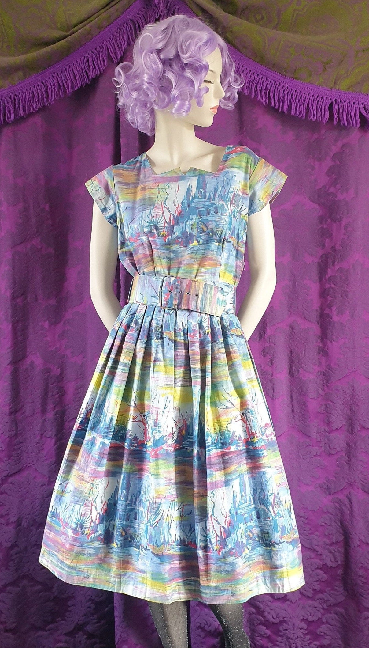 Vintage 1950s Underwater Kingdom Cotton Novelty Print Dress