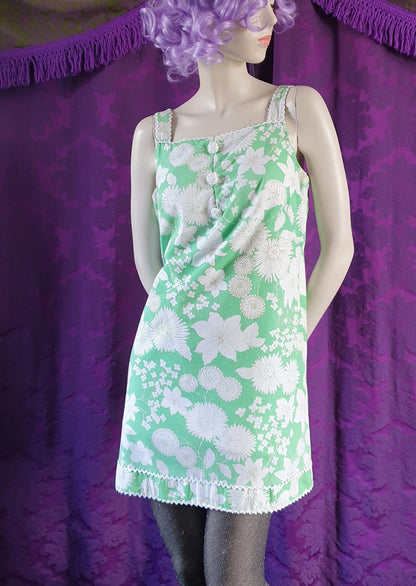 Vintage 1960s Mint Green Floral Cotton Micro Mini-Dress