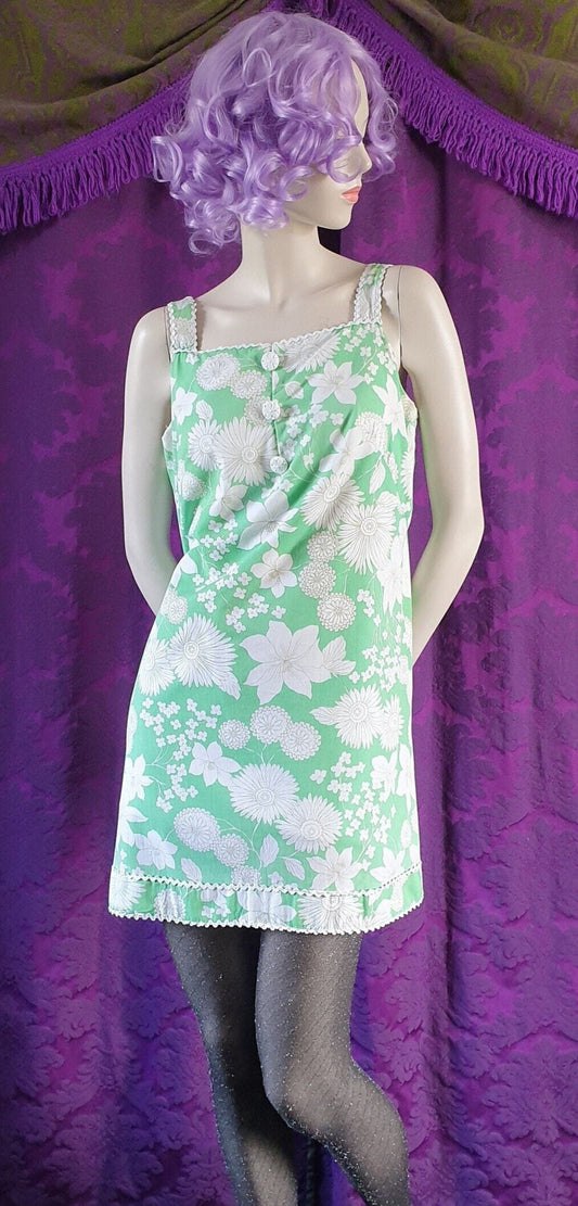 Vintage 1960s Mint Green Floral Cotton Micro Mini-Dress