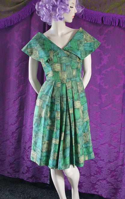 Vintage 1950s Green Brushstrokes Silk Dress