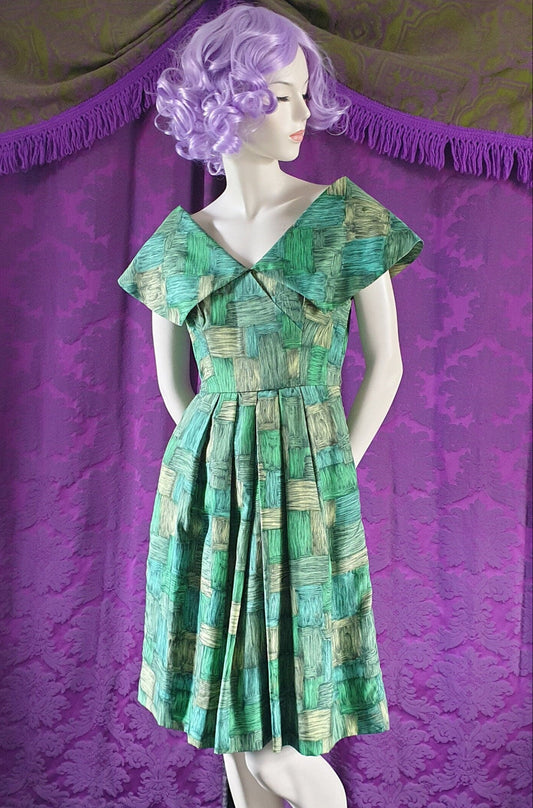 Vintage 1950s Green Brushstrokes Silk Dress