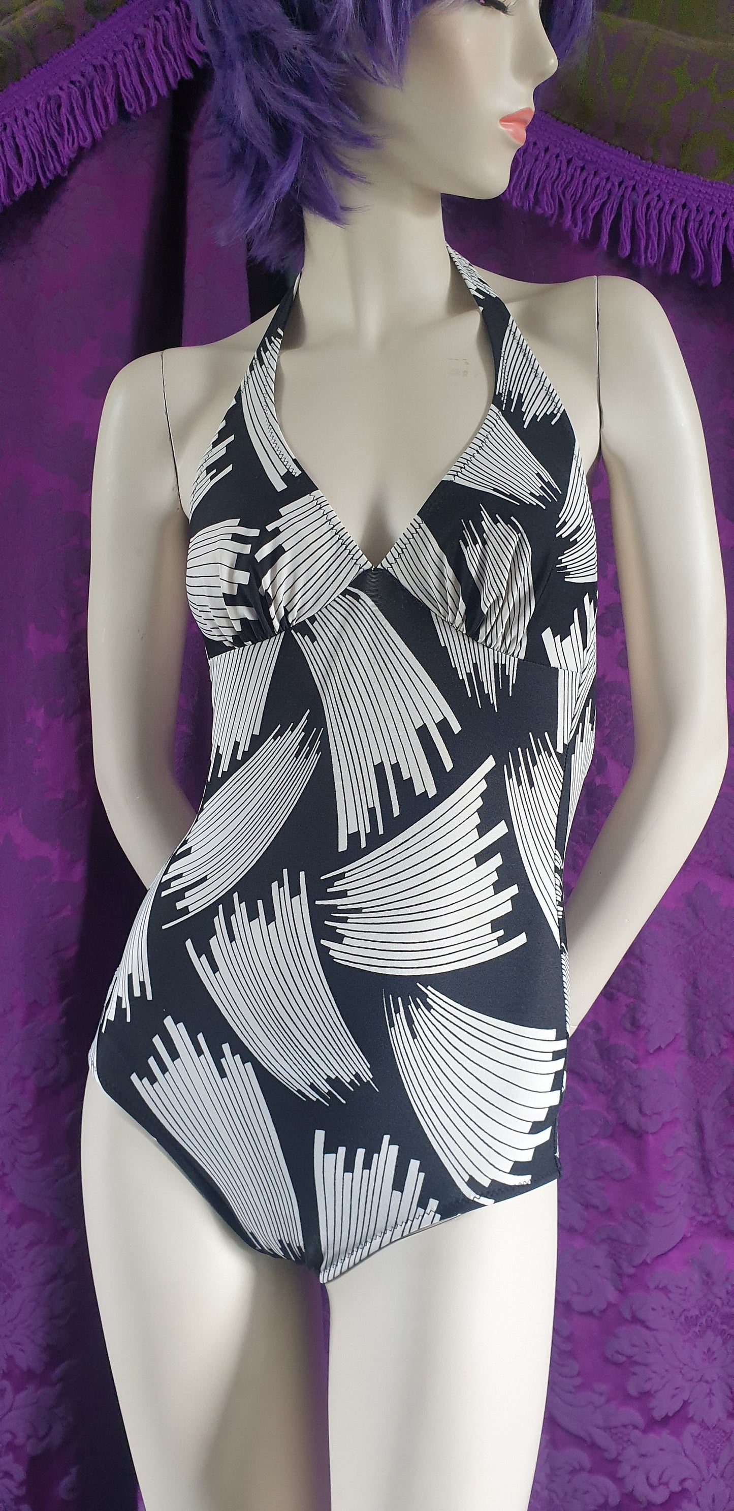 Vintage 1970s Black & White Art Deco Style Swimsuit by Silhouette