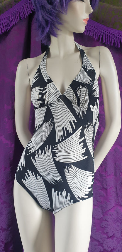 Vintage 1970s Black & White Art Deco Style Swimsuit by Silhouette
