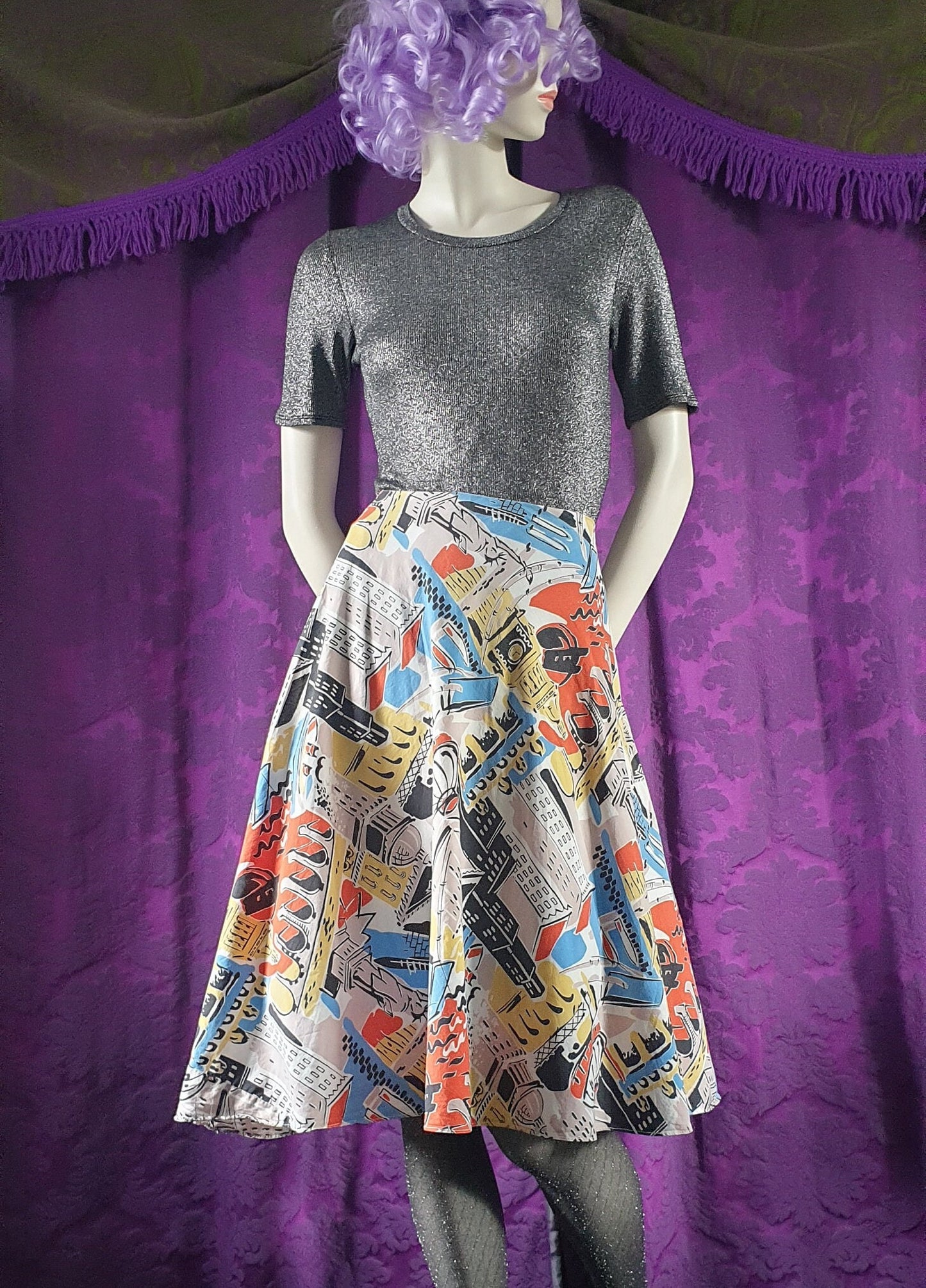 Vintage 1950s New York City Landmarks Novelty Print Cotton Skirt