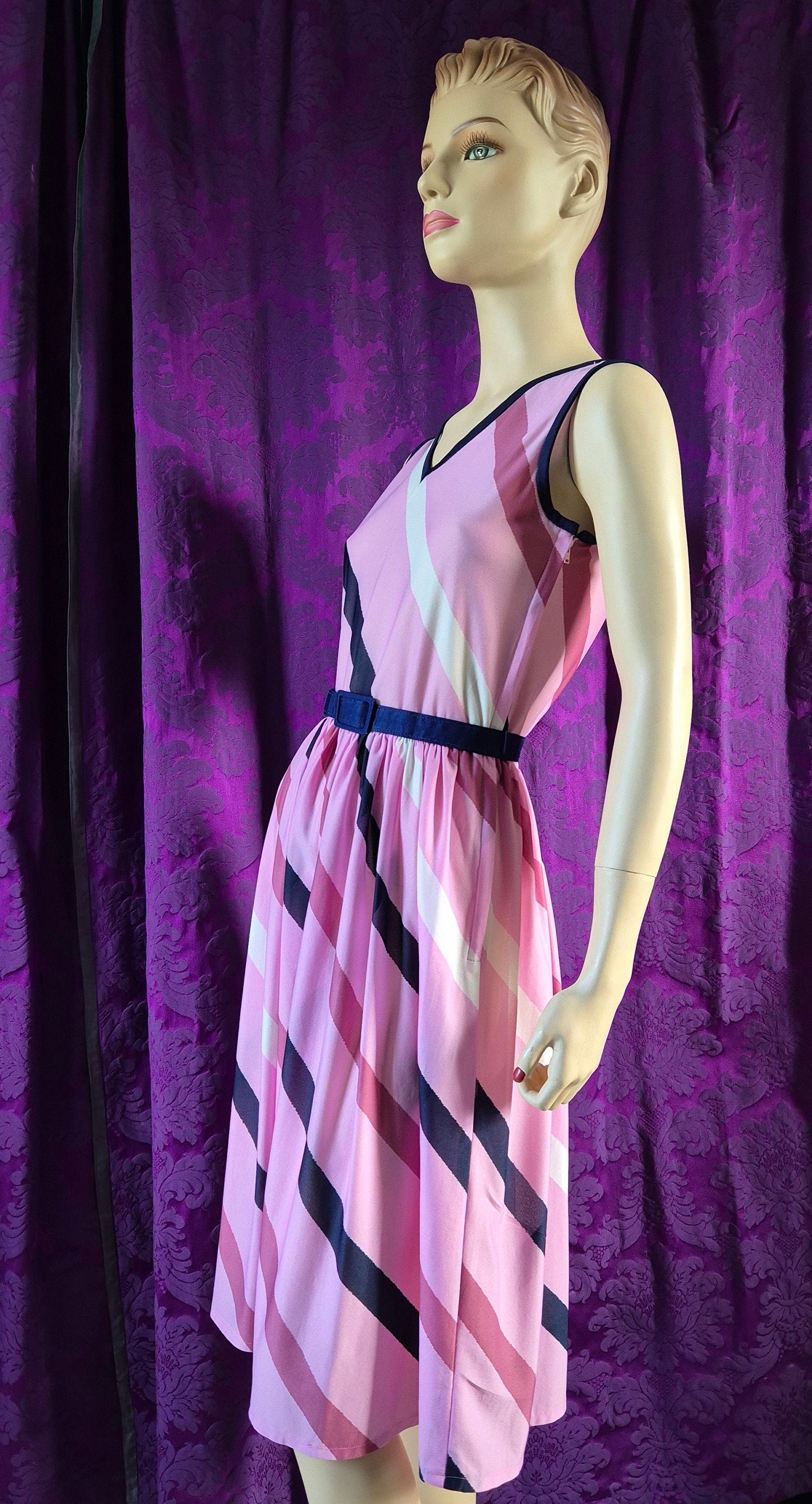 Vintage 70s Candy Pink Diagonal Stripe Sundress