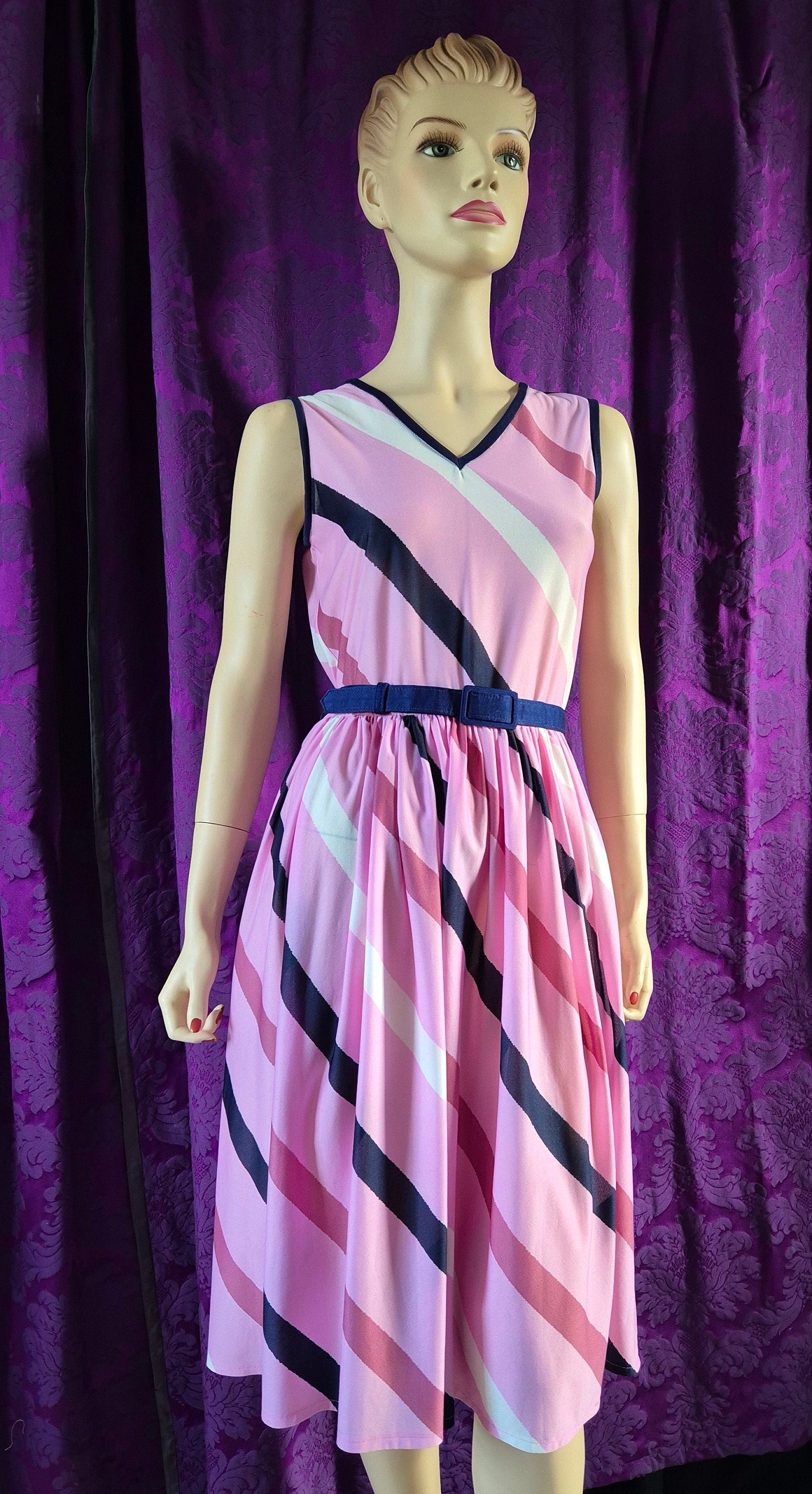 Vintage 70s Candy Pink Diagonal Stripe Sundress