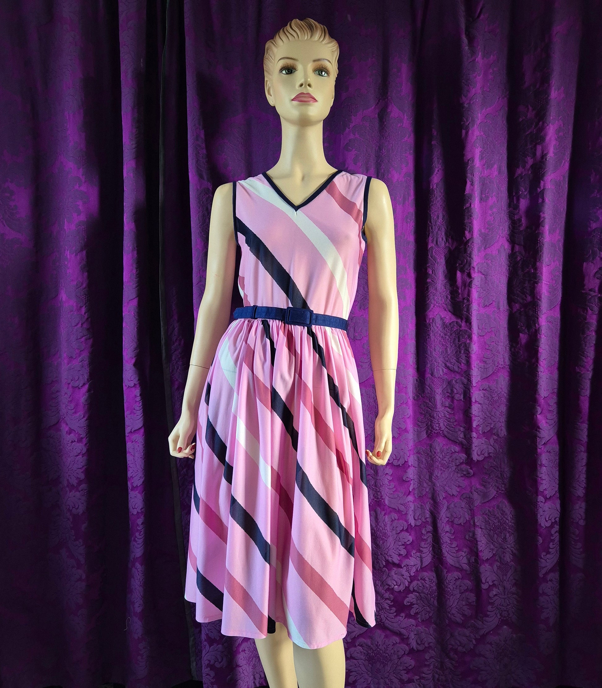 Vintage 70s Candy Pink Diagonal Stripe Sundress
