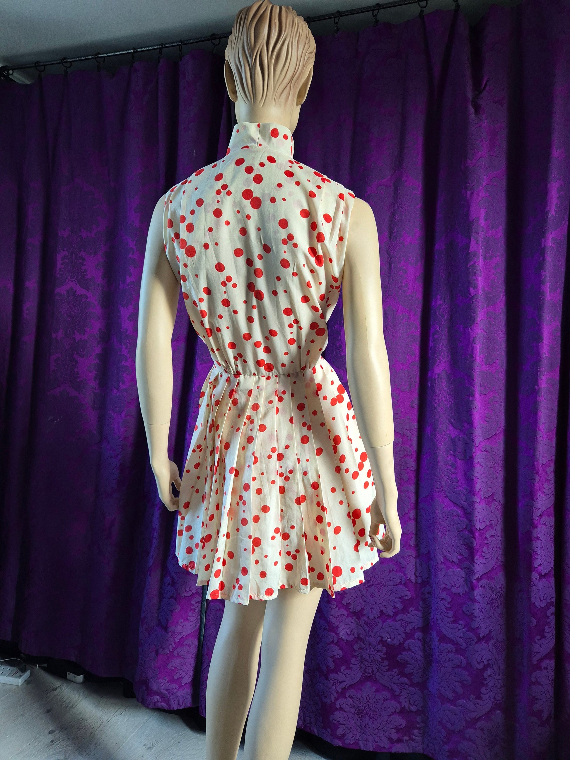 Vintage 70s Red Dots Silk Minidress with Pleated Skirt & Pussy Bow