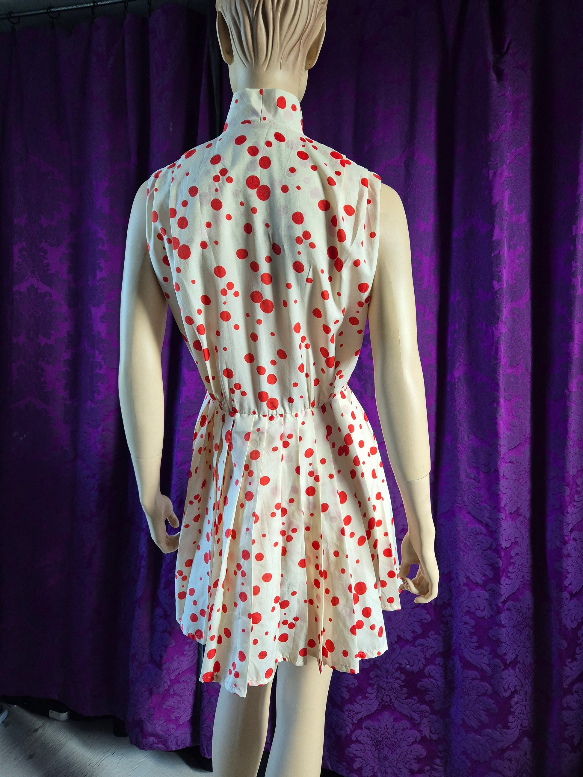 Vintage 70s Red Dots Silk Minidress with Pleated Skirt & Pussy Bow