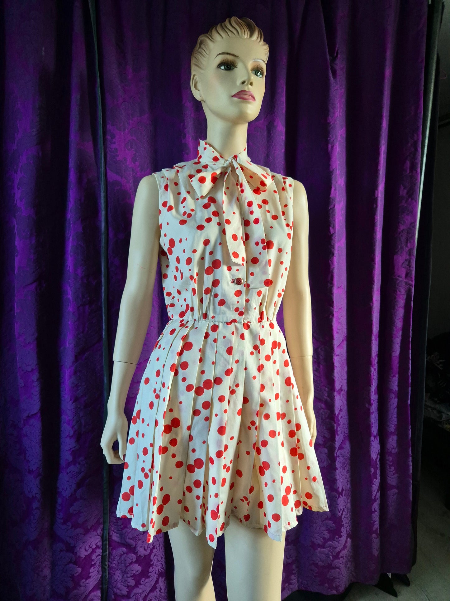 Vintage 70s Red Dots Silk Minidress with Pleated Skirt & Pussy Bow