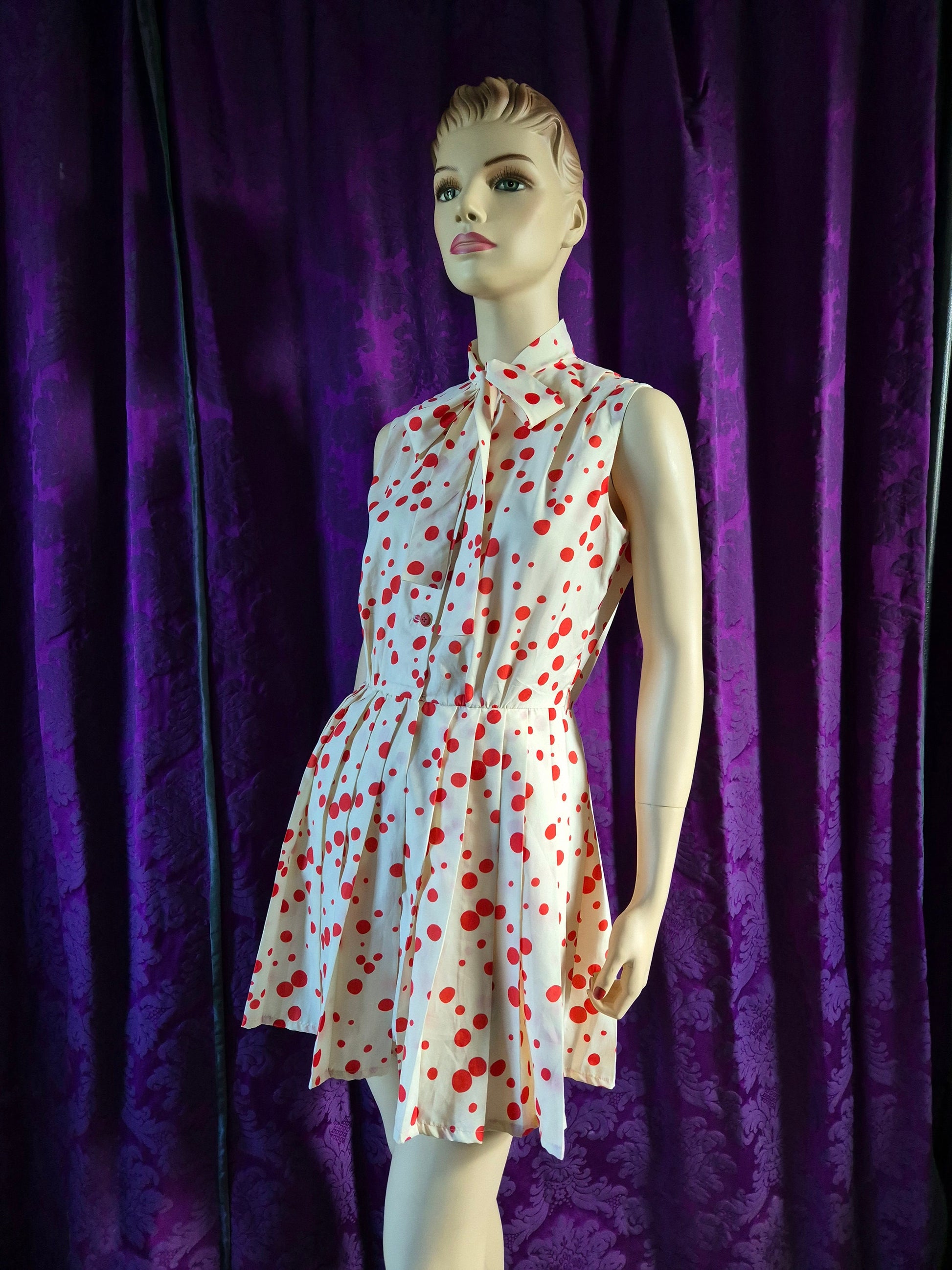Vintage 70s Red Dots Silk Minidress with Pleated Skirt & Pussy Bow