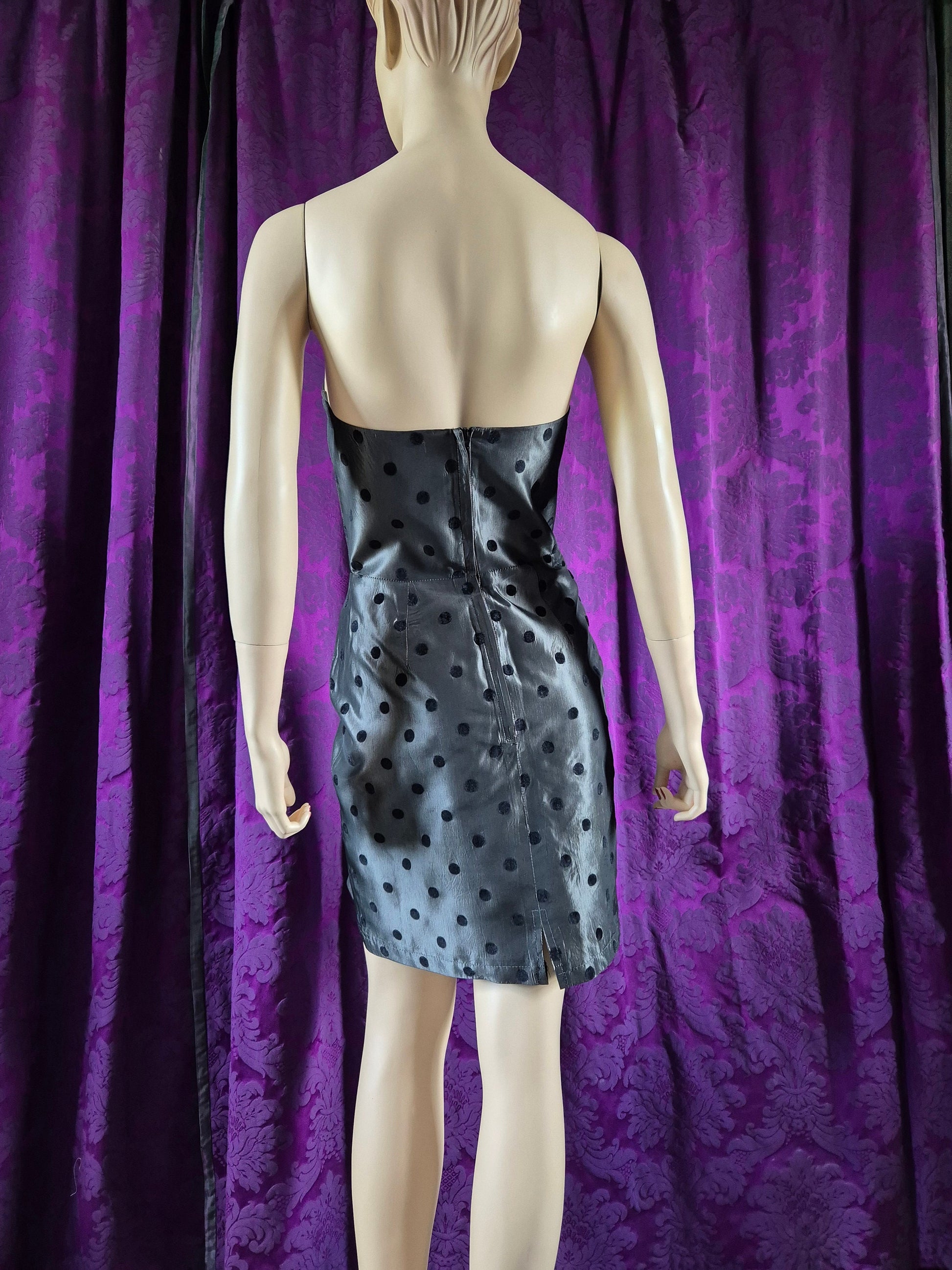 Vintage 1980s Silver Taffeta Strapless Spotted Minidress