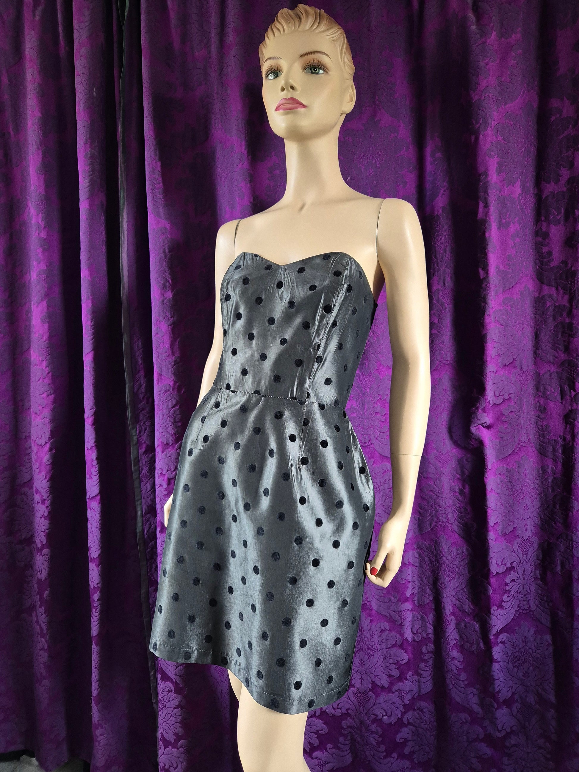 Vintage 1980s Silver Taffeta Strapless Spotted Minidress