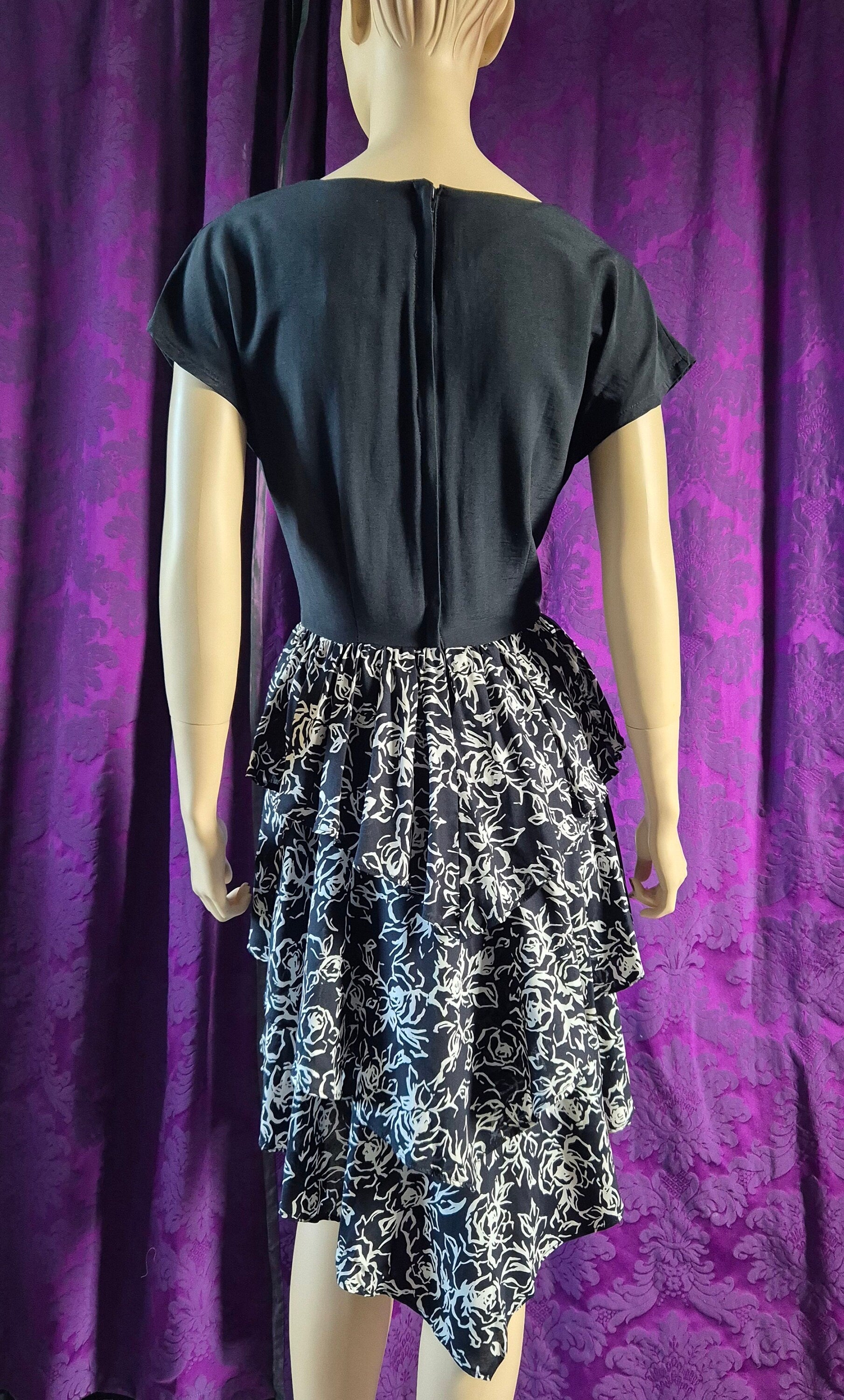 Vintage Early 90s Black & White Floral Print Dress with Tiered Ruffled Skirt and Bolero
