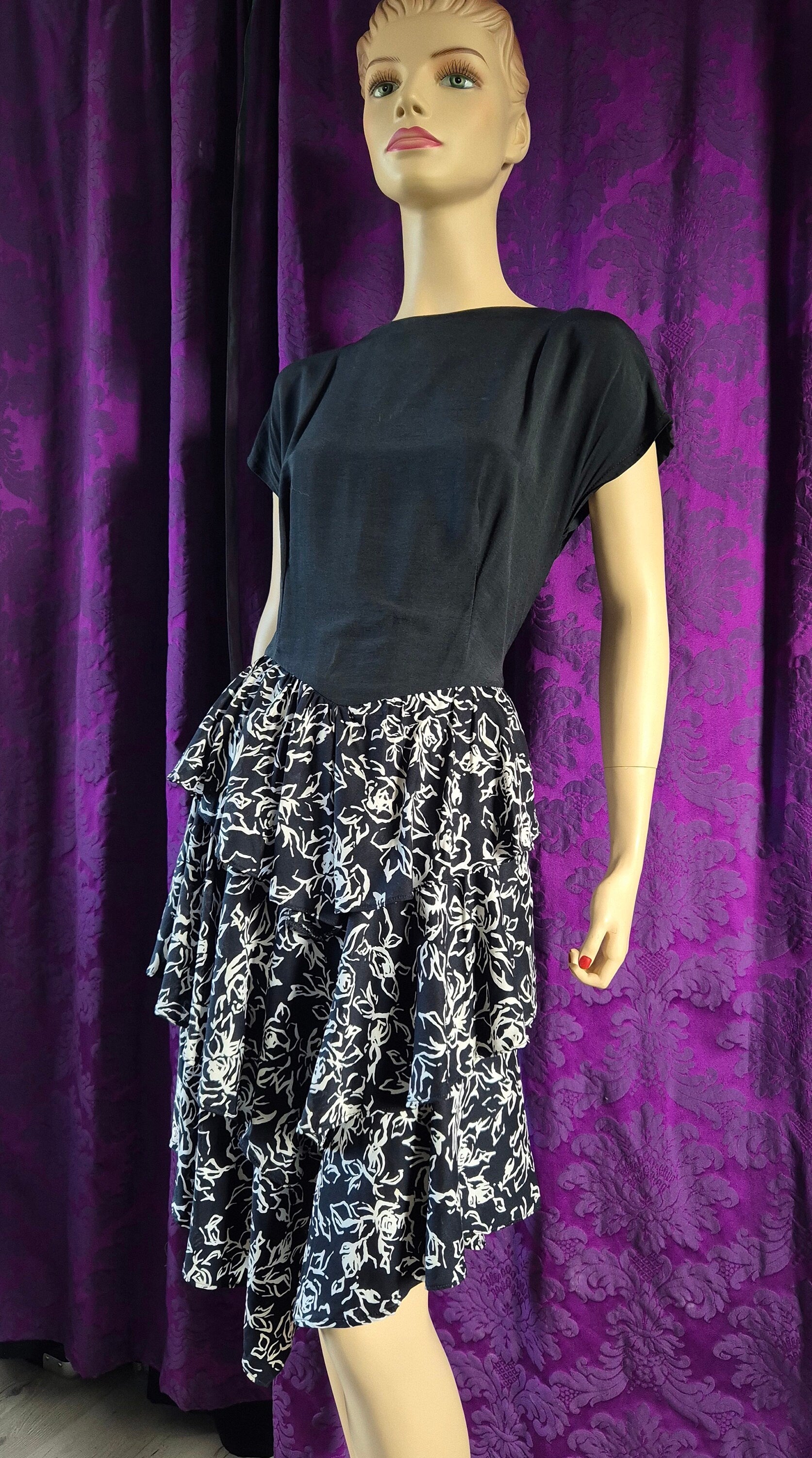 Vintage Early 90s Black & White Floral Print Dress with Tiered Ruffled Skirt and Bolero