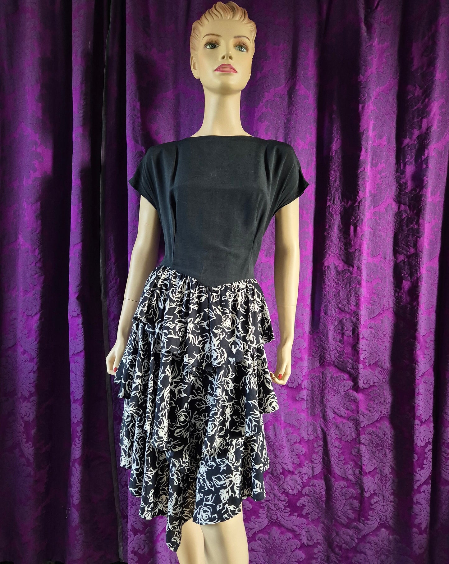 Vintage Early 90s Black & White Floral Print Dress with Tiered Ruffled Skirt and Bolero