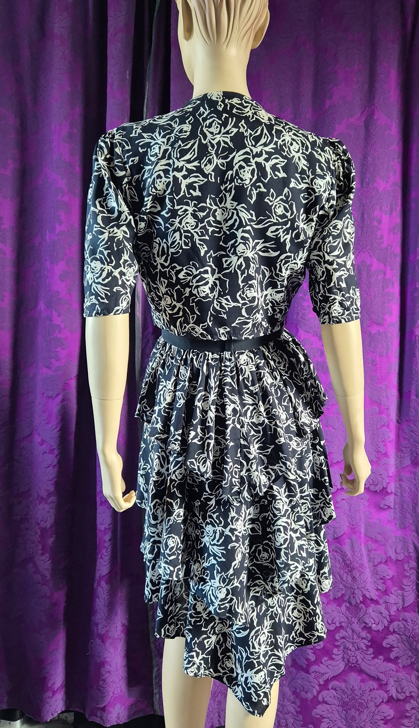 Vintage Early 90s Black & White Floral Print Dress with Tiered Ruffled Skirt and Bolero