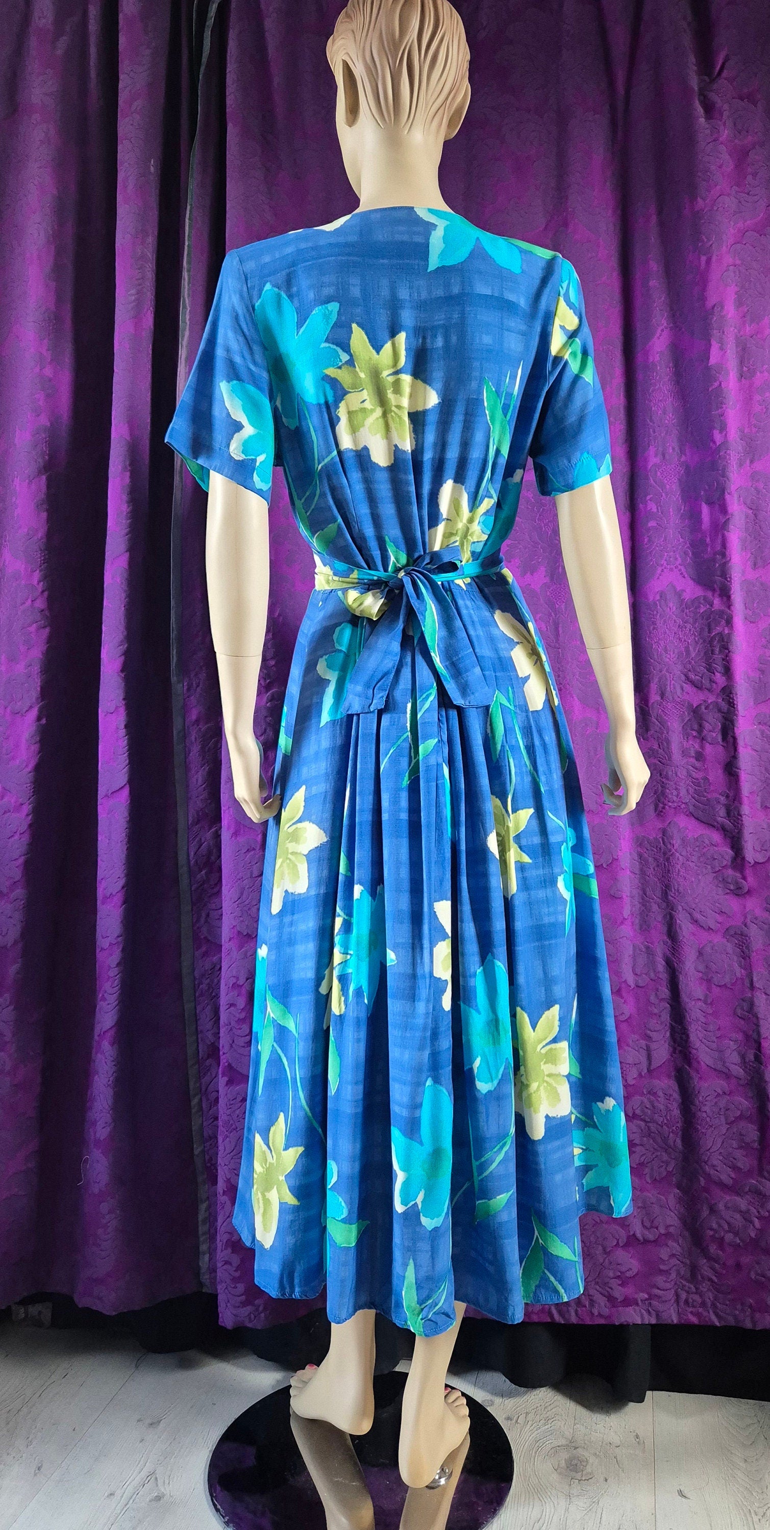 Vintage 90s Blue Daisies Rayon Midi Dress by C&A