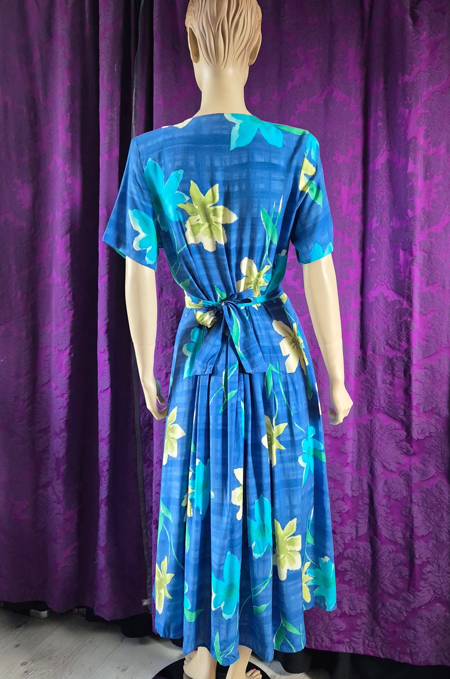 Vintage 90s Blue Daisies Rayon Midi Dress by C&A