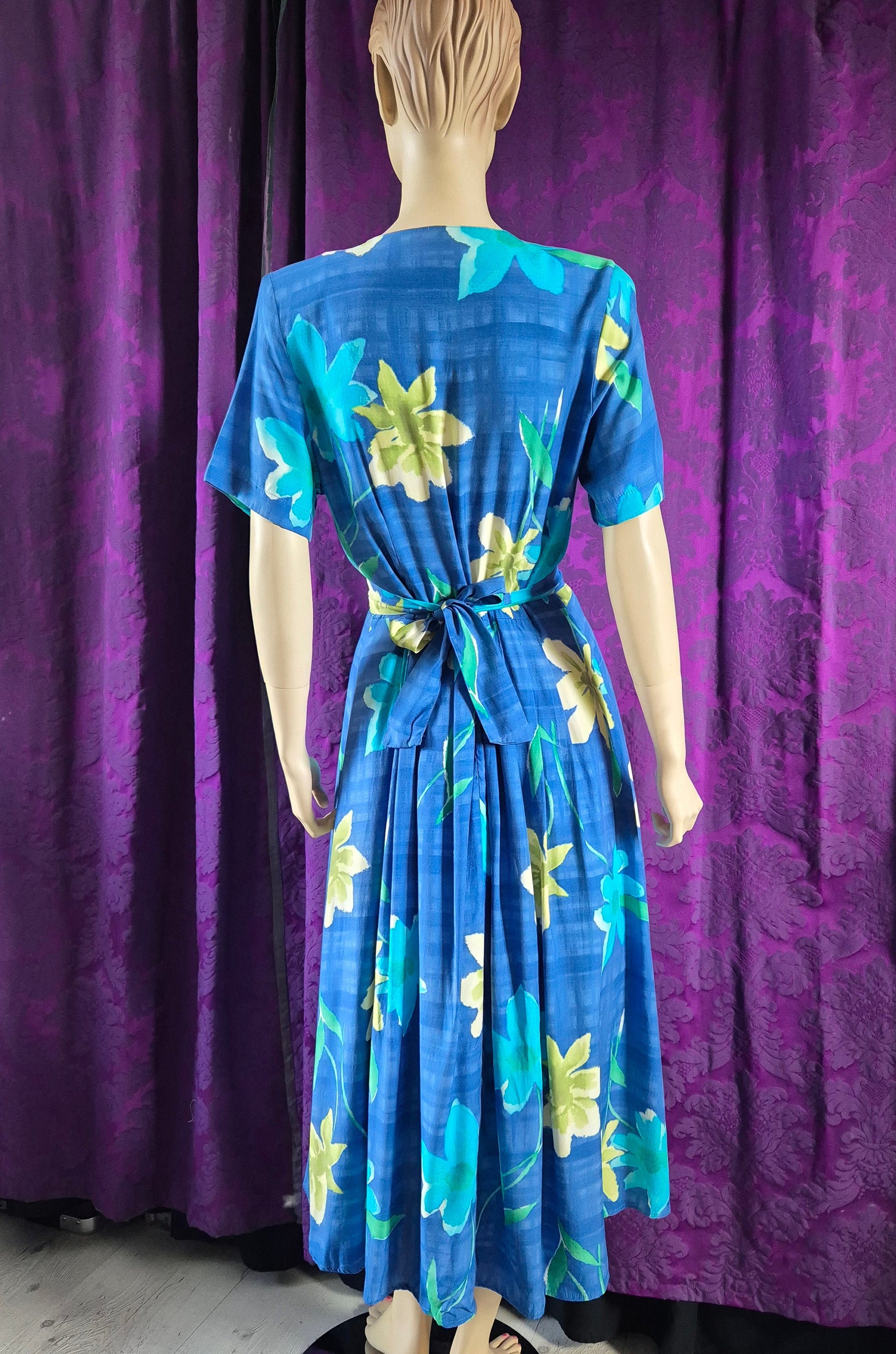 Vintage 90s Blue Daisies Rayon Midi Dress by C&A