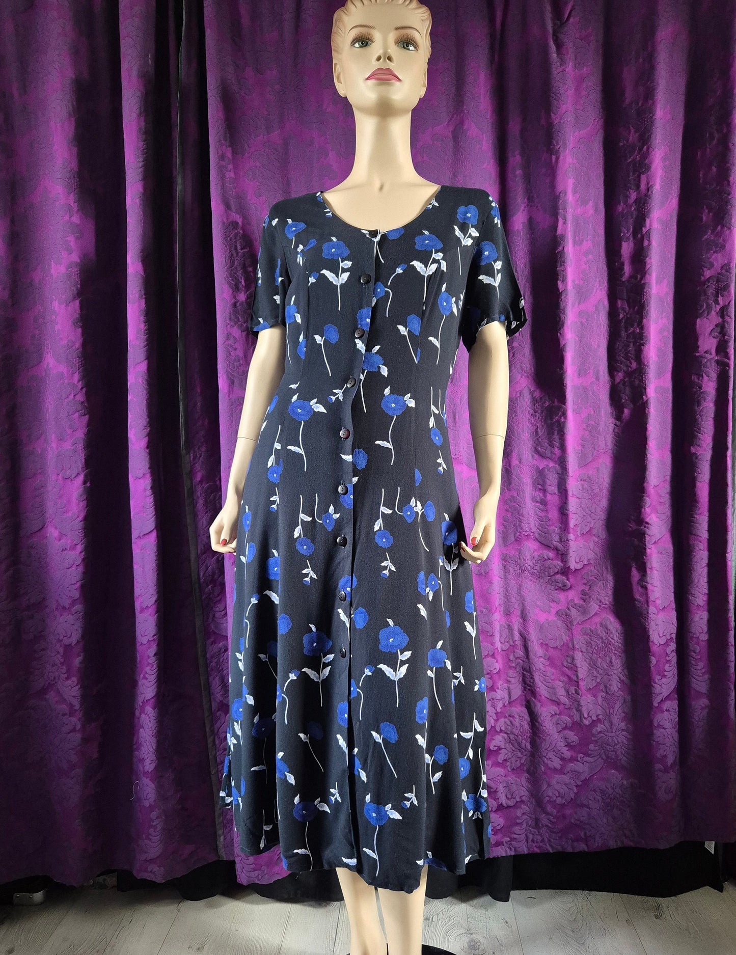 Vintage 90s Blue and Black Floral Goth Tea Dress