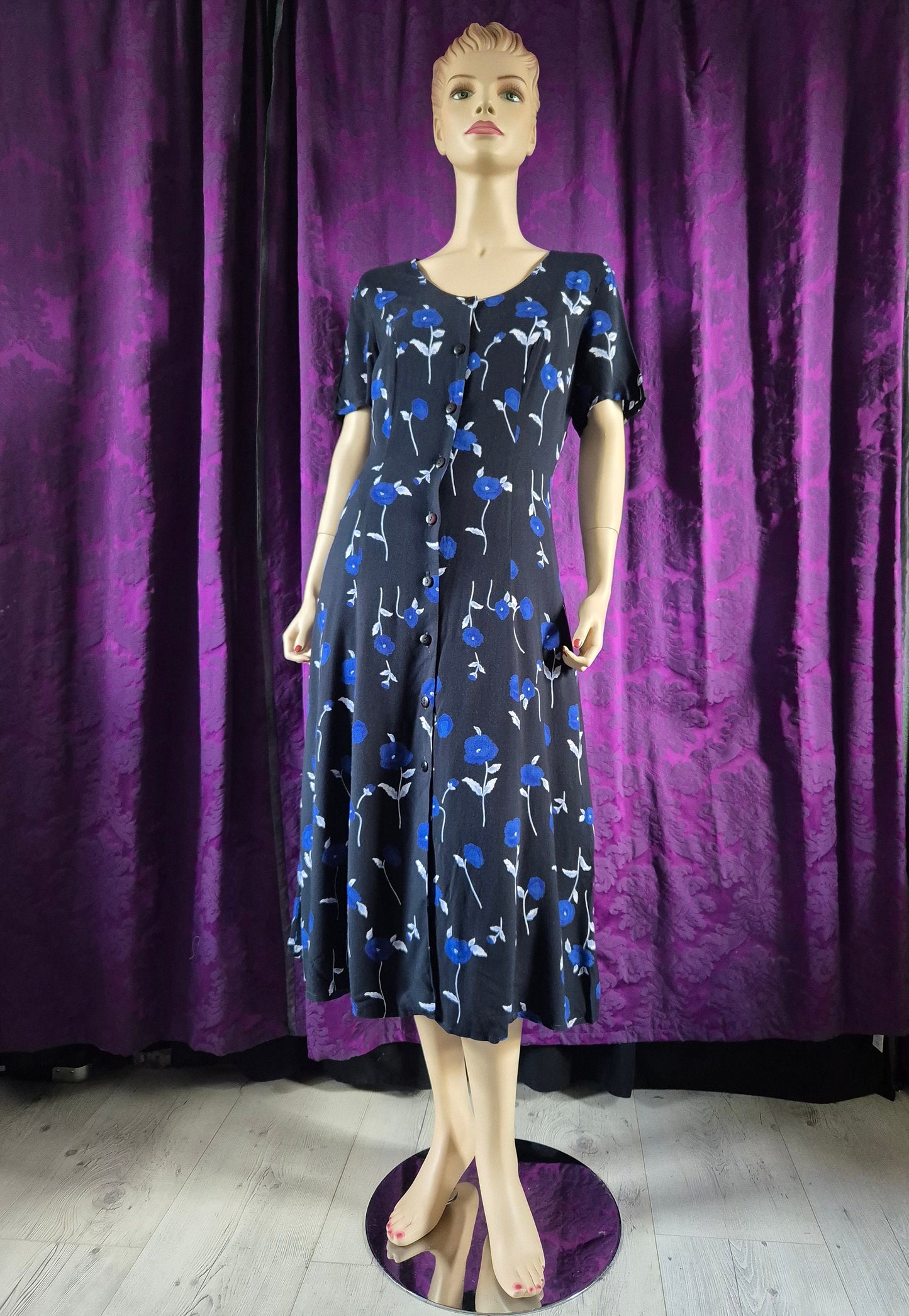 Vintage 90s Blue and Black Floral Goth Tea Dress