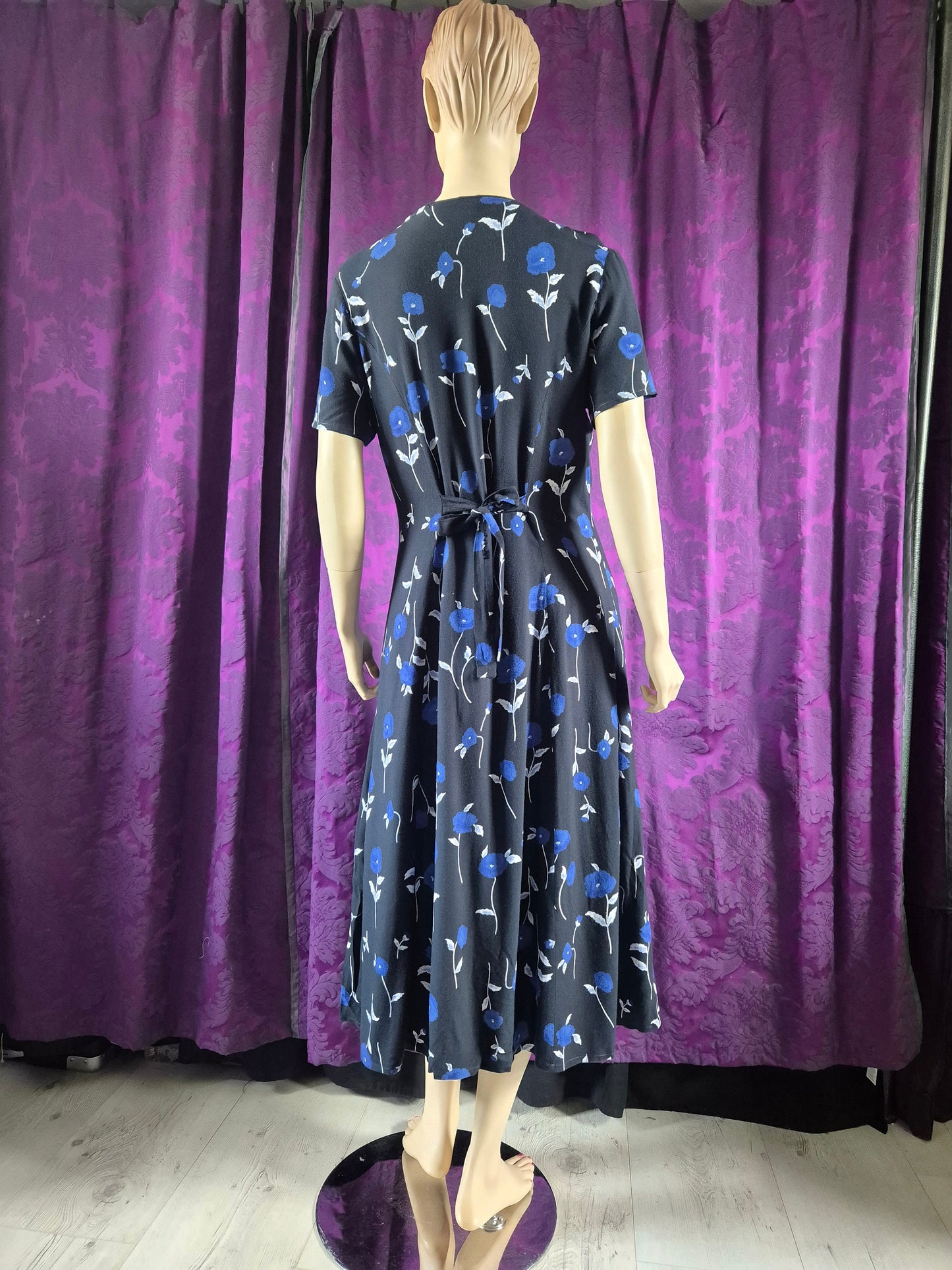 Vintage 90s Blue and Black Floral Goth Tea Dress