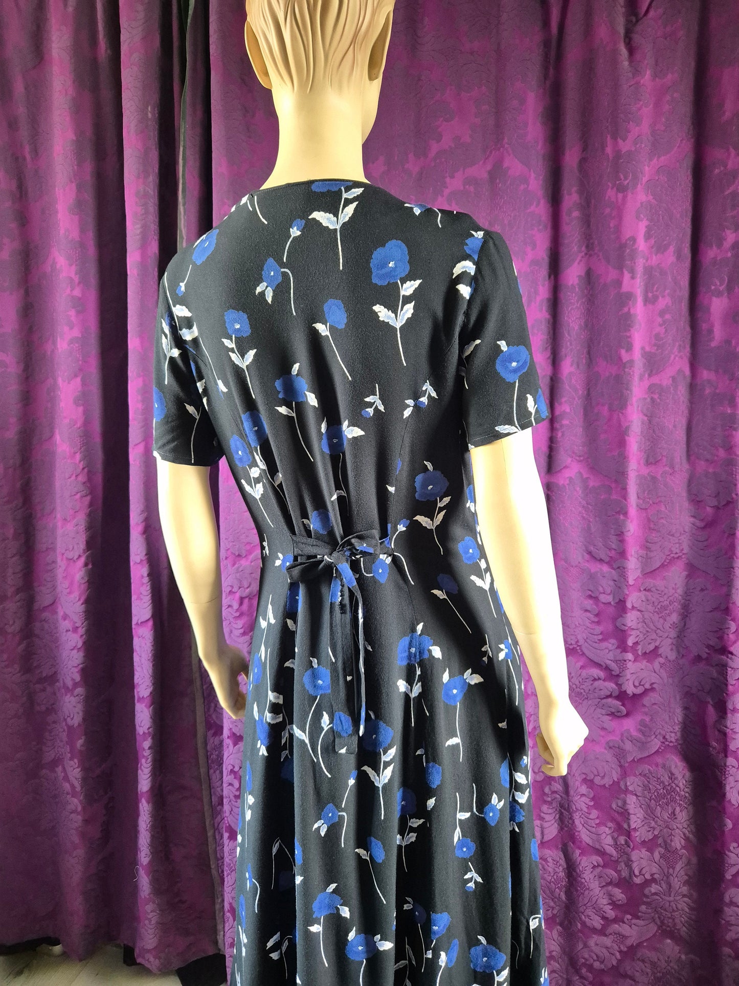 Vintage 90s Blue and Black Floral Goth Tea Dress
