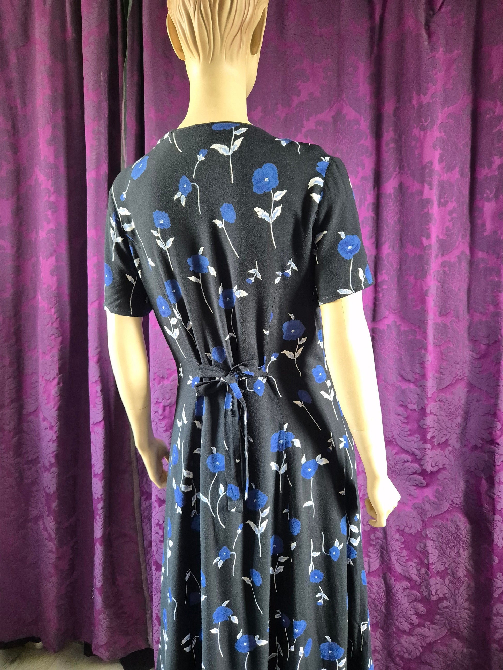Vintage 90s Blue and Black Floral Goth Tea Dress