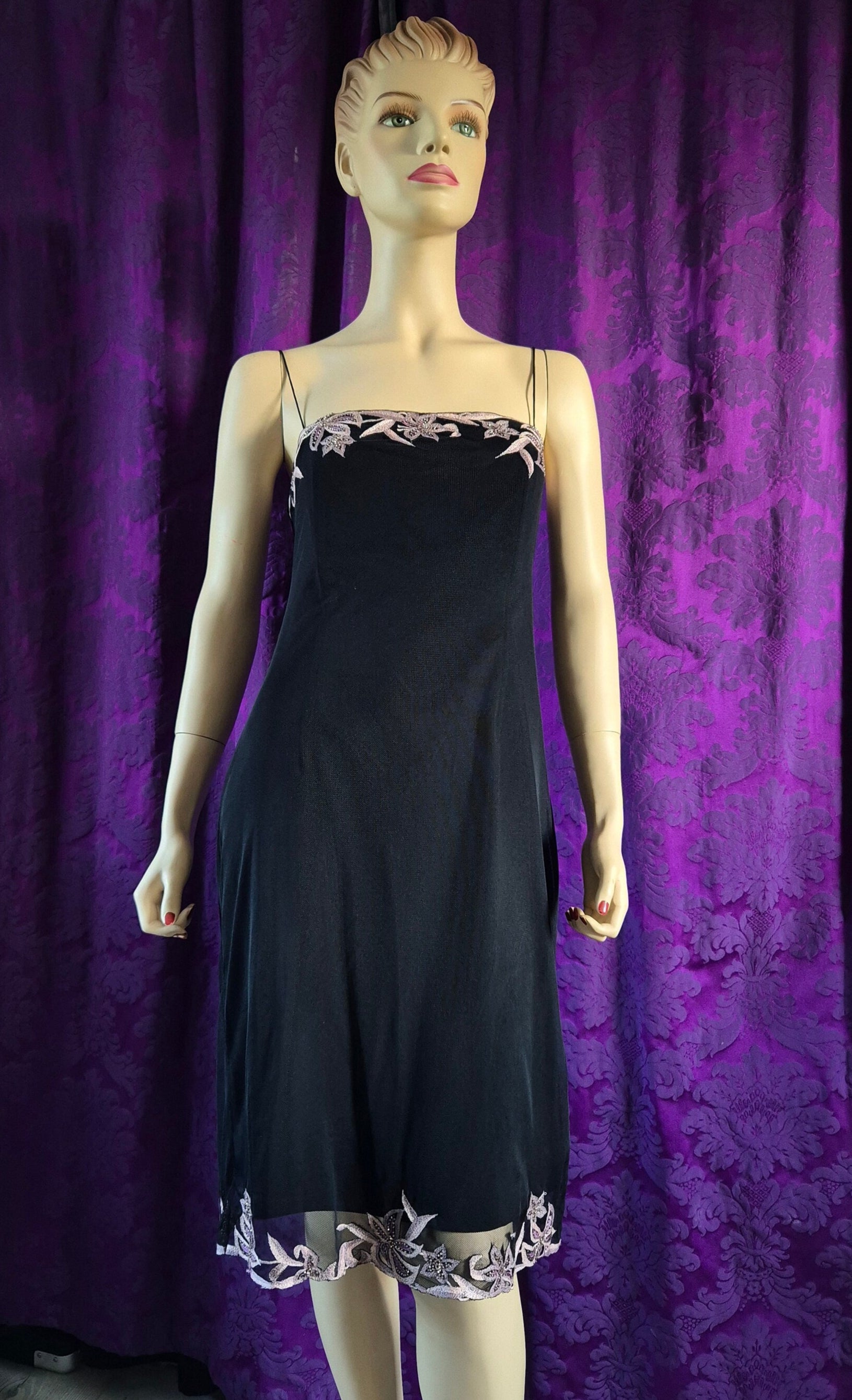 Maria Grachvogel Vintage Y2K Mesh Net Embroidered Little Black Dress