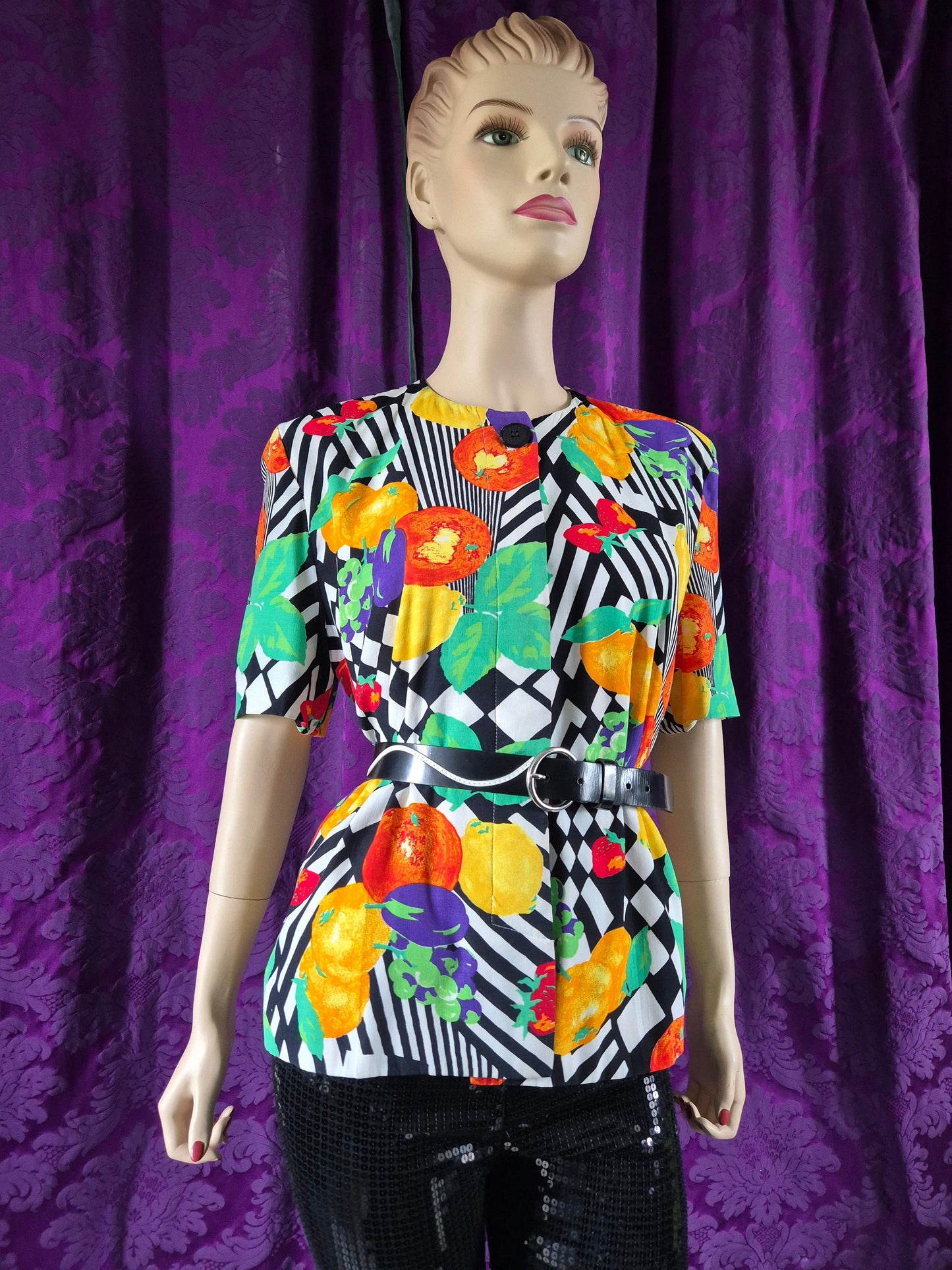 Vintage 1990s Bright Fruit & Op Art Print Jacket by Reldan
