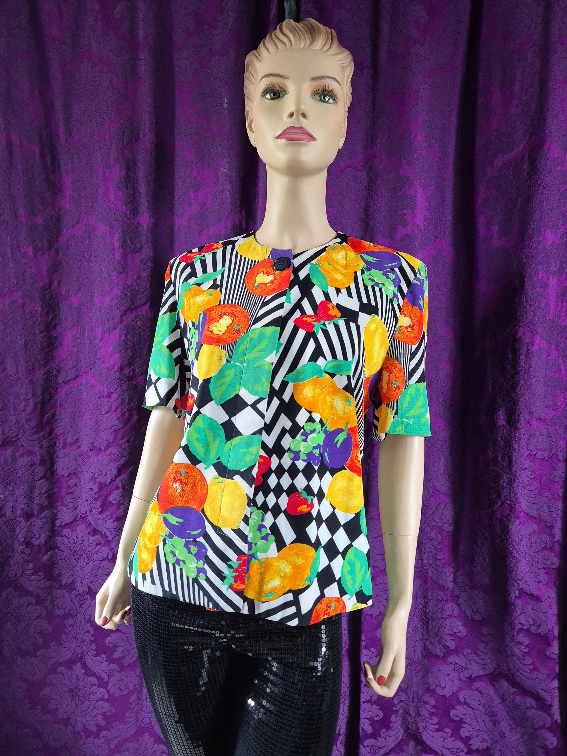 Vintage 1990s Bright Fruit & Op Art Print Jacket by Reldan