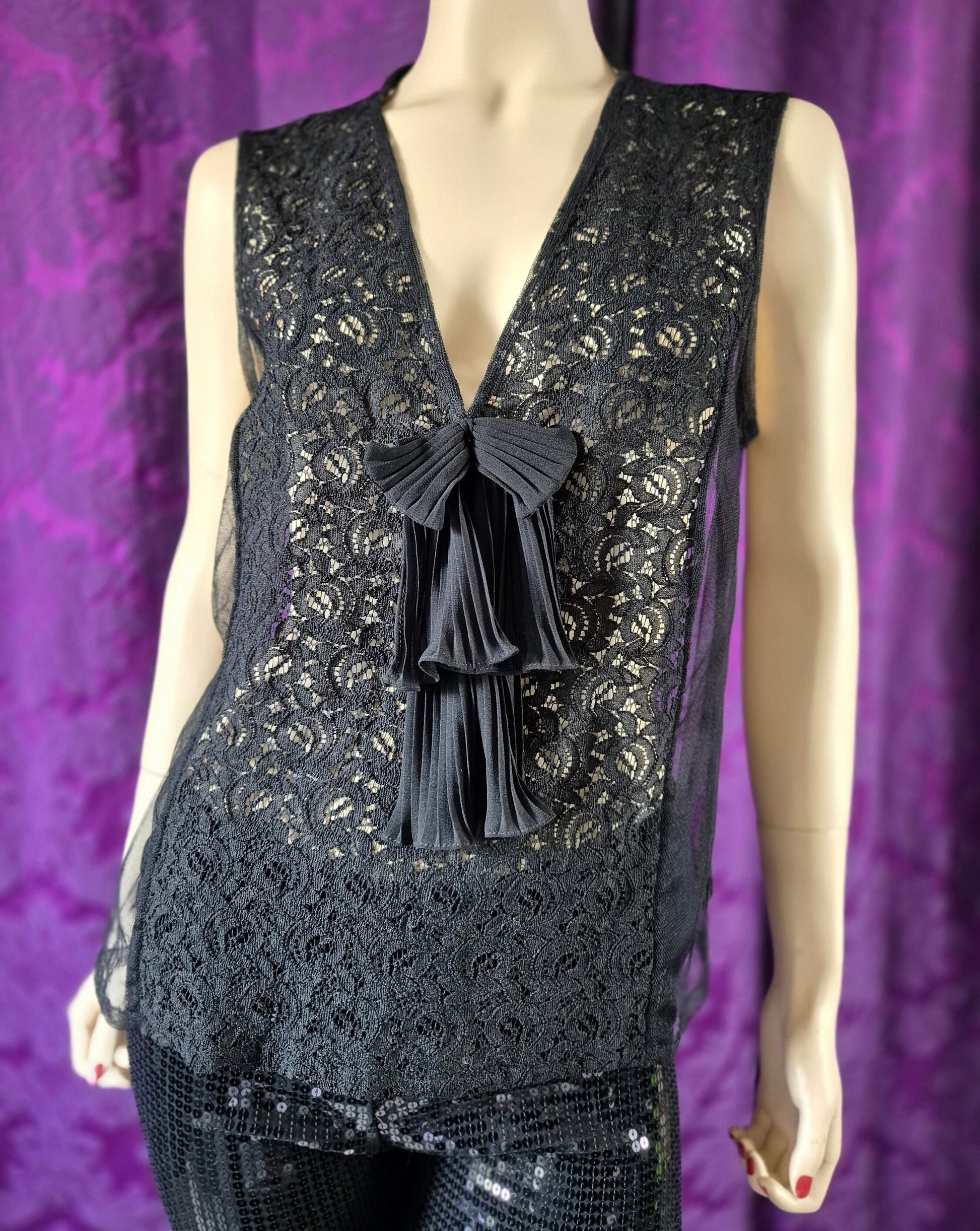 Vintage Chiffon and Lace Pleated Bow Lingerie Top