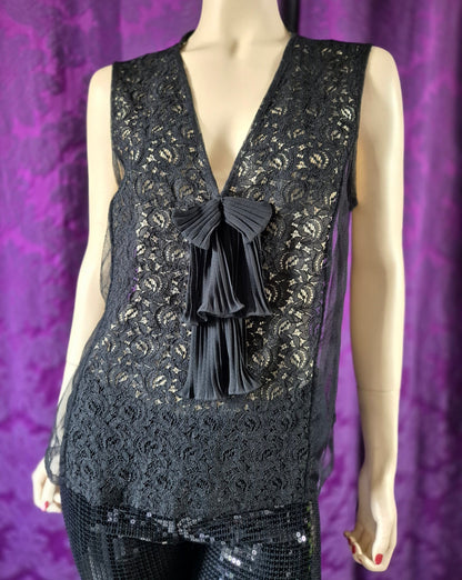 Vintage Chiffon and Lace Pleated Bow Lingerie Top