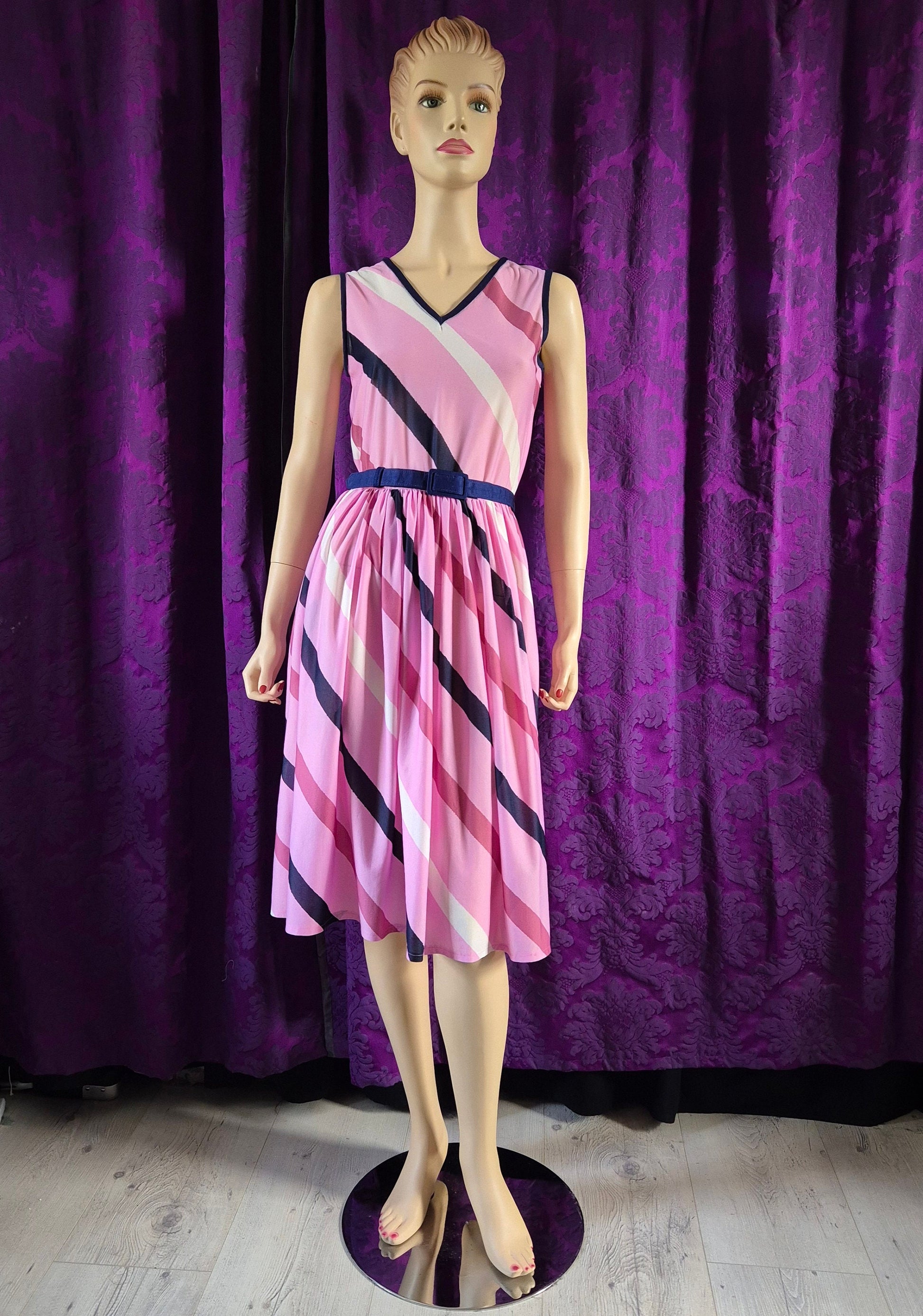 Vintage 70s Candy Pink Diagonal Stripe Sundress