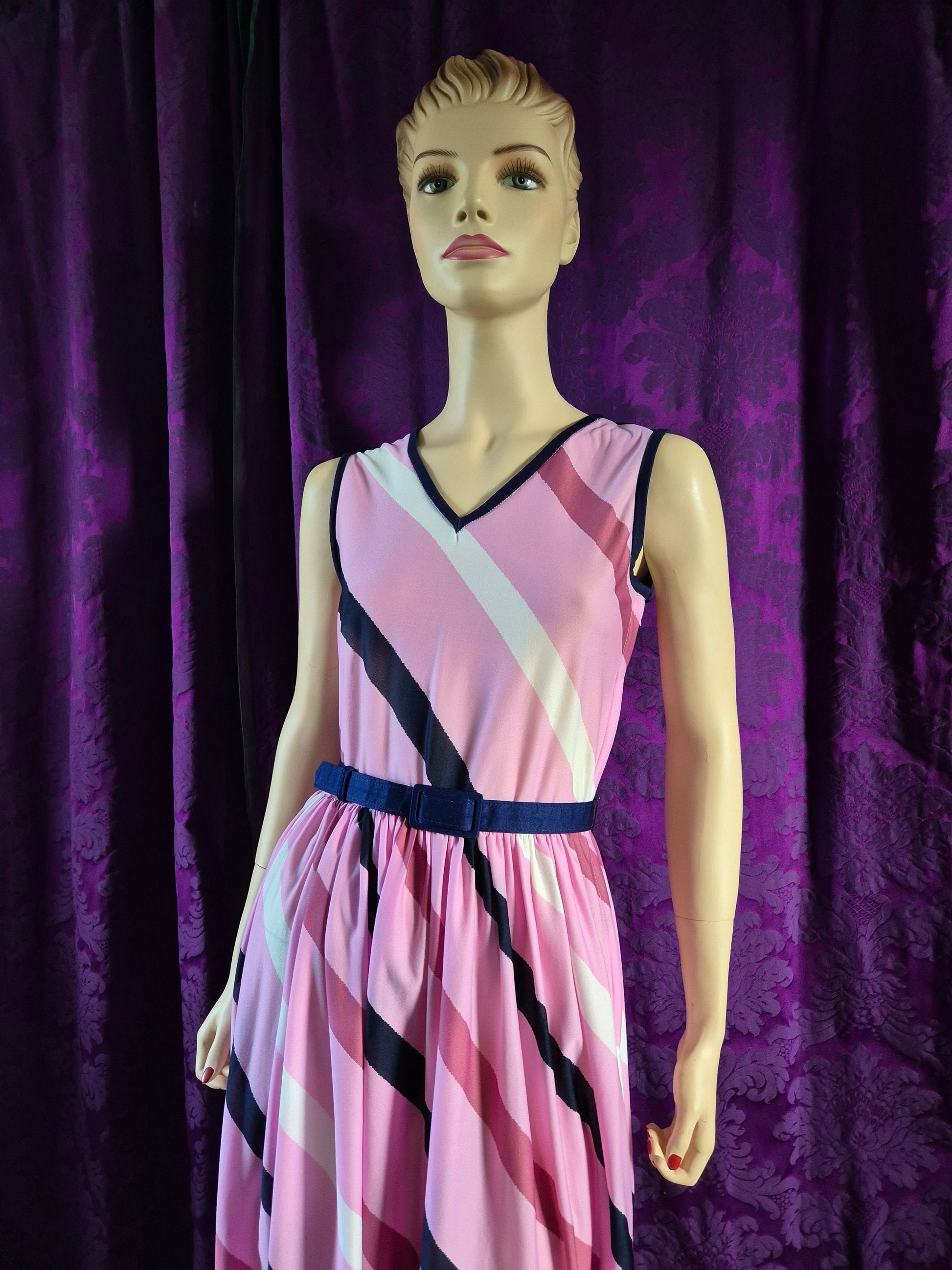 Vintage 70s Candy Pink Diagonal Stripe Sundress
