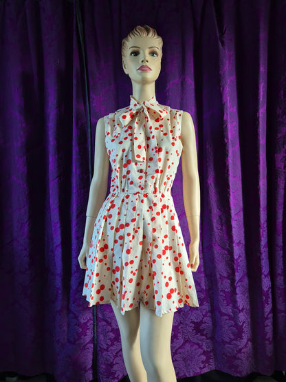 Vintage 70s Red Dots Silk Minidress with Pleated Skirt & Pussy Bow