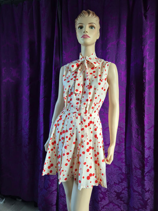 Vintage 70s Red Dots Silk Minidress with Pleated Skirt & Pussy Bow