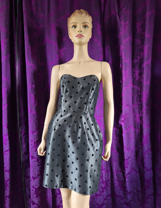 Vintage 1980s Silver Taffeta Strapless Spotted Minidress