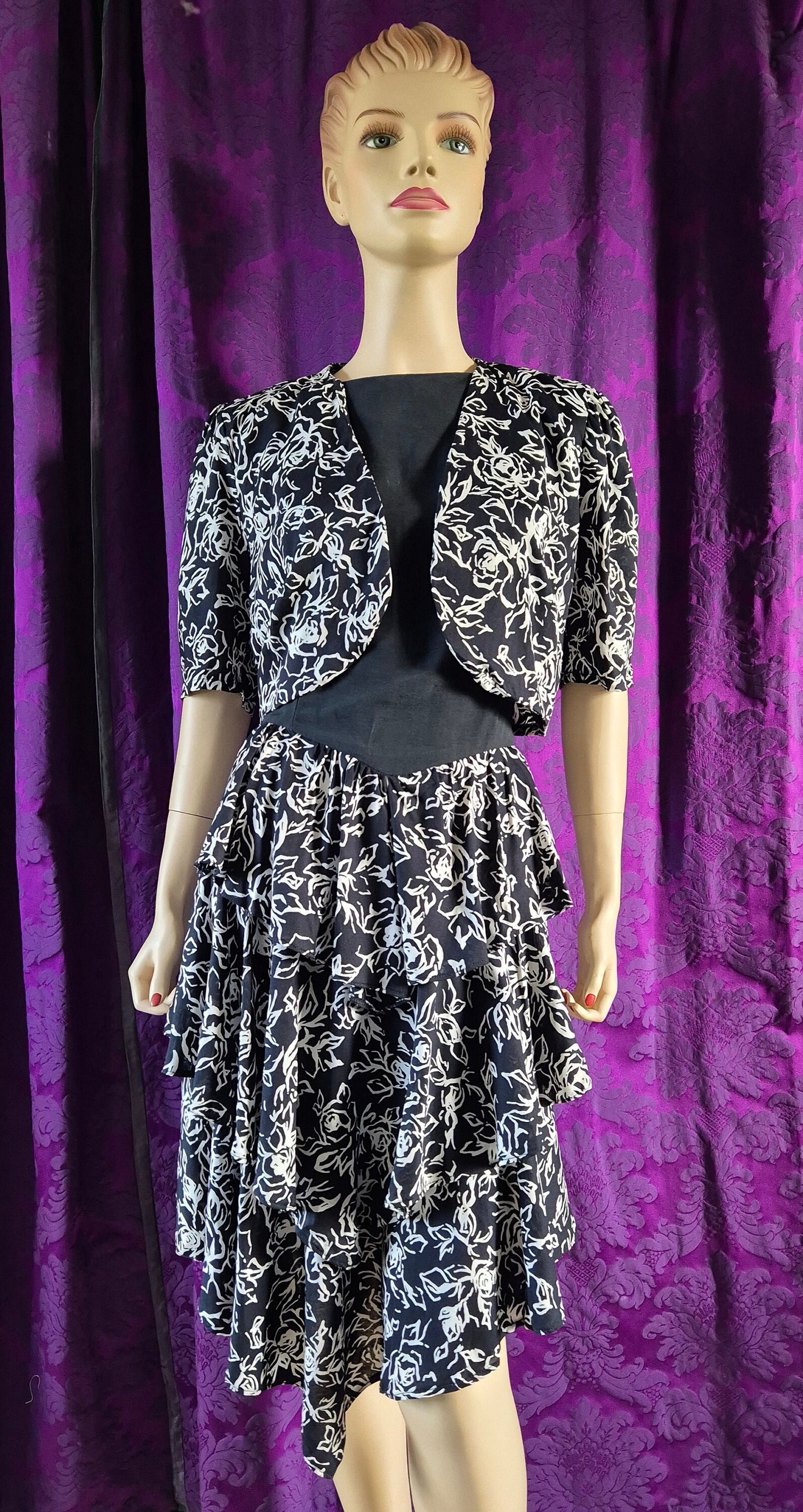 Vintage Early 90s Black & White Floral Print Dress with Tiered Ruffled Skirt and Bolero