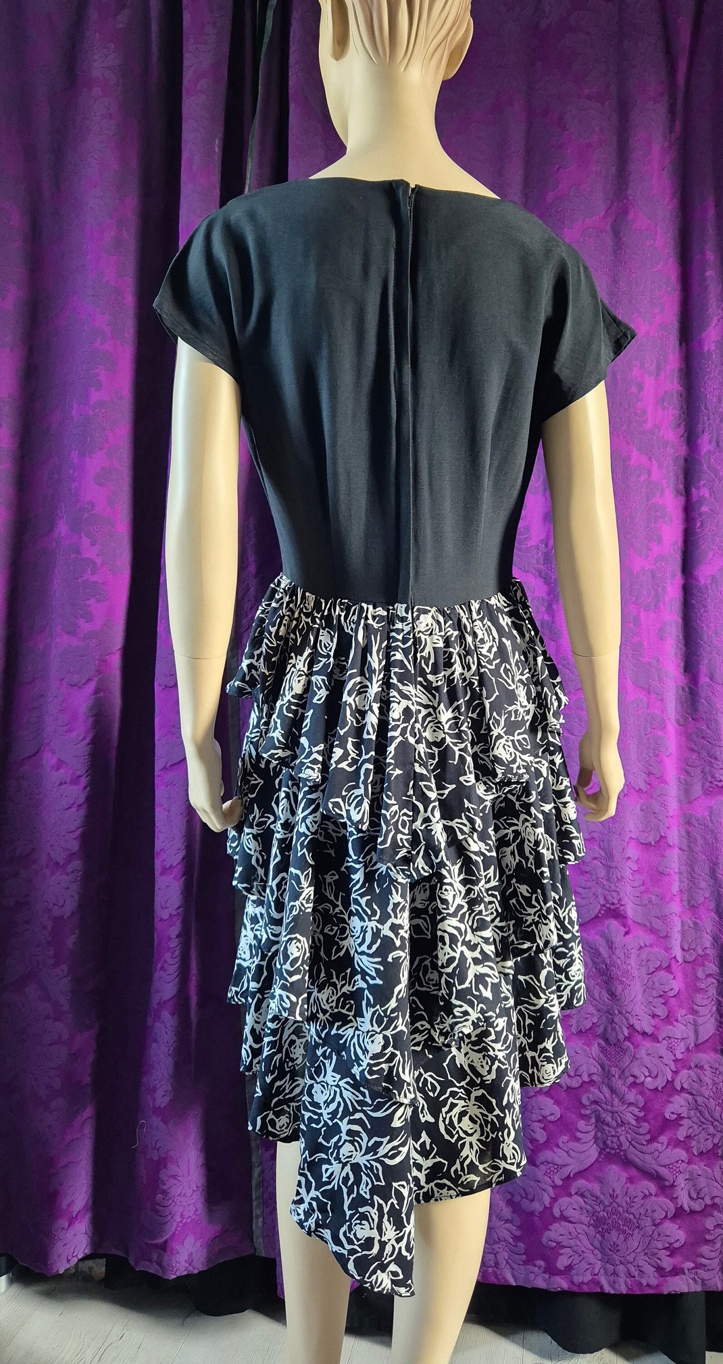 Vintage Early 90s Black & White Floral Print Dress with Tiered Ruffled Skirt and Bolero