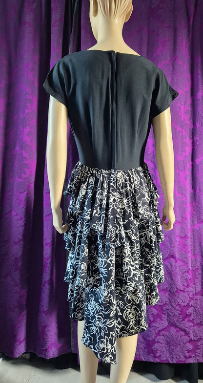 Vintage Early 90s Black & White Floral Print Dress with Tiered Ruffled Skirt and Bolero