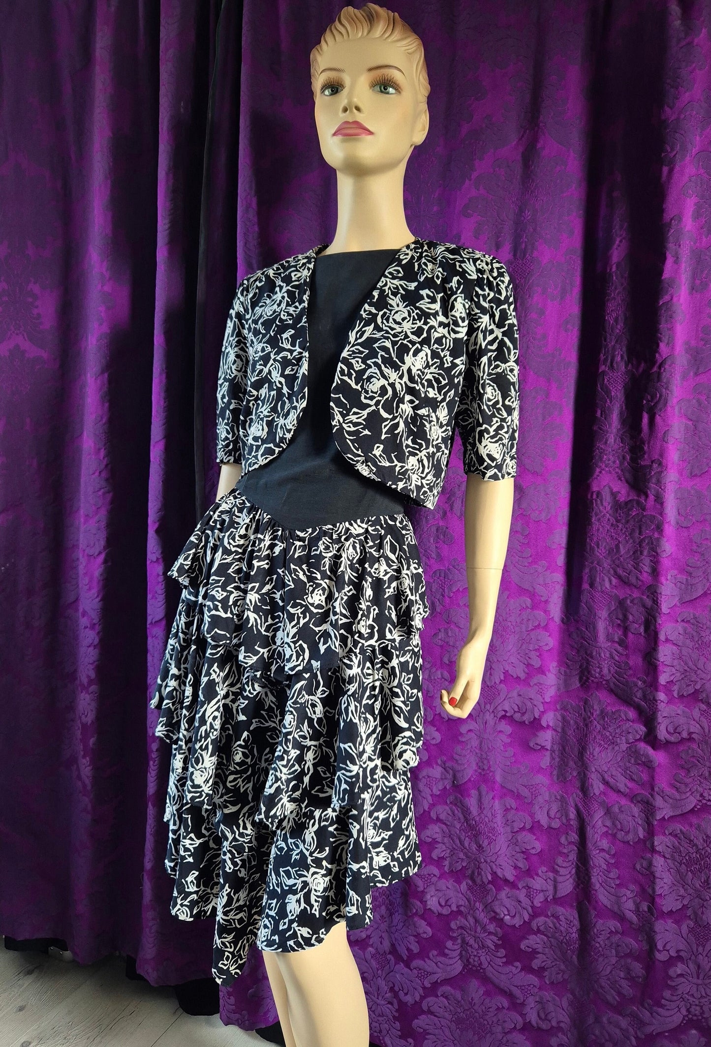 Vintage Early 90s Black & White Floral Print Dress with Tiered Ruffled Skirt and Bolero