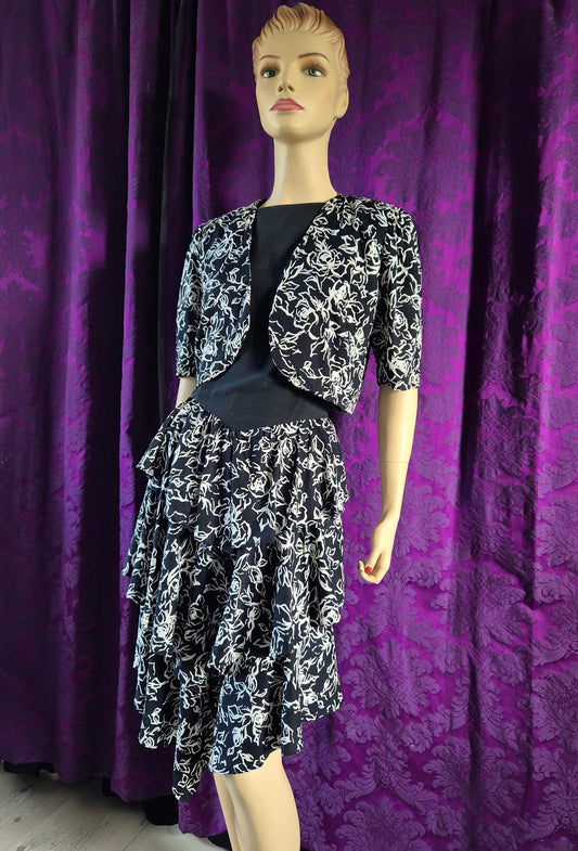 Vintage Early 90s Black & White Floral Print Dress with Tiered Ruffled Skirt and Bolero