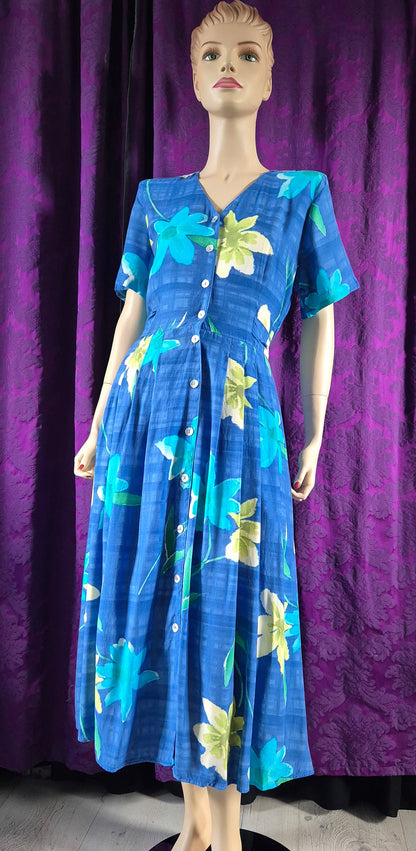 Vintage 90s Blue Daisies Rayon Midi Dress by C&A