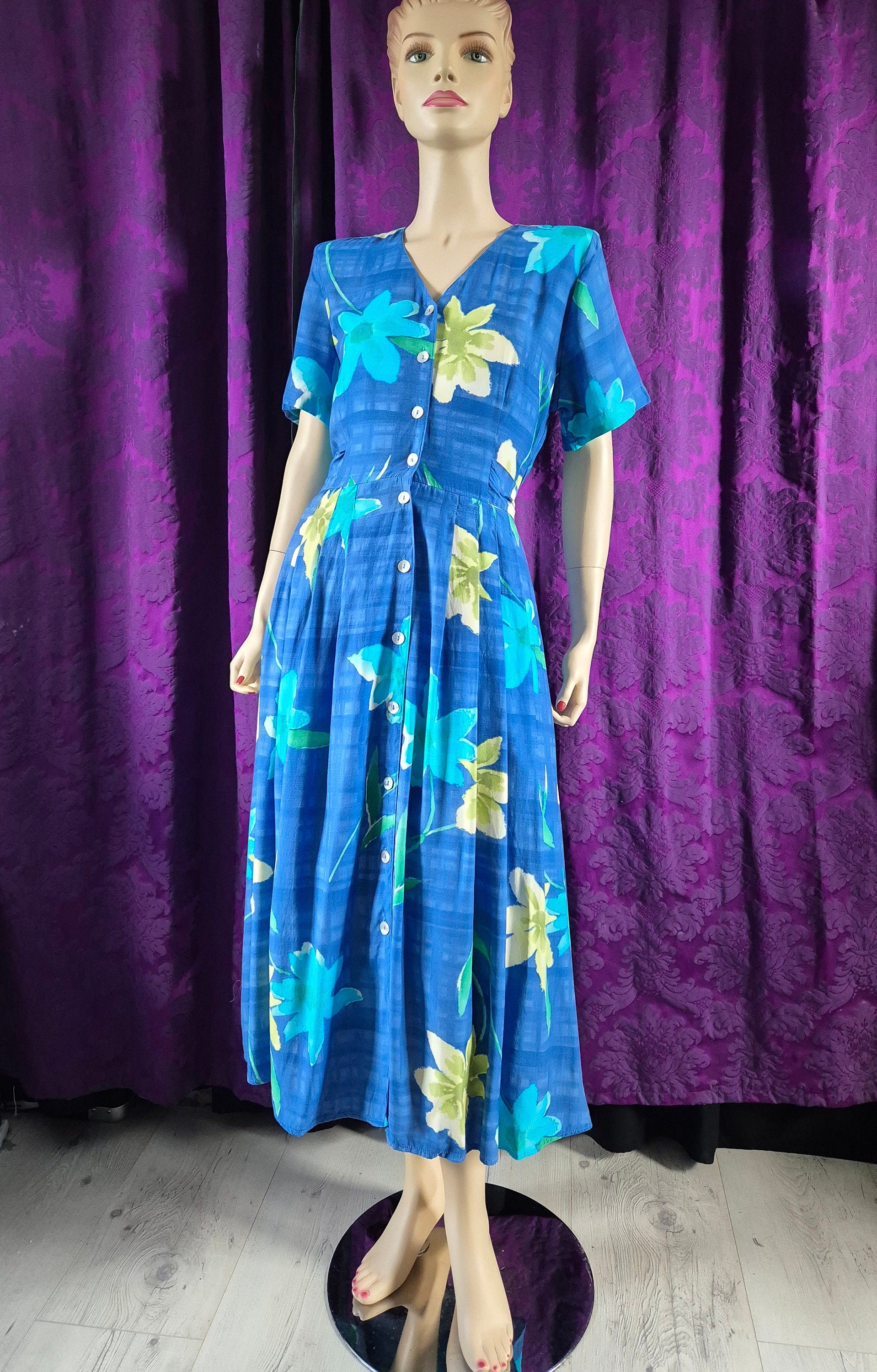 Vintage 90s Blue Daisies Rayon Midi Dress by C&A