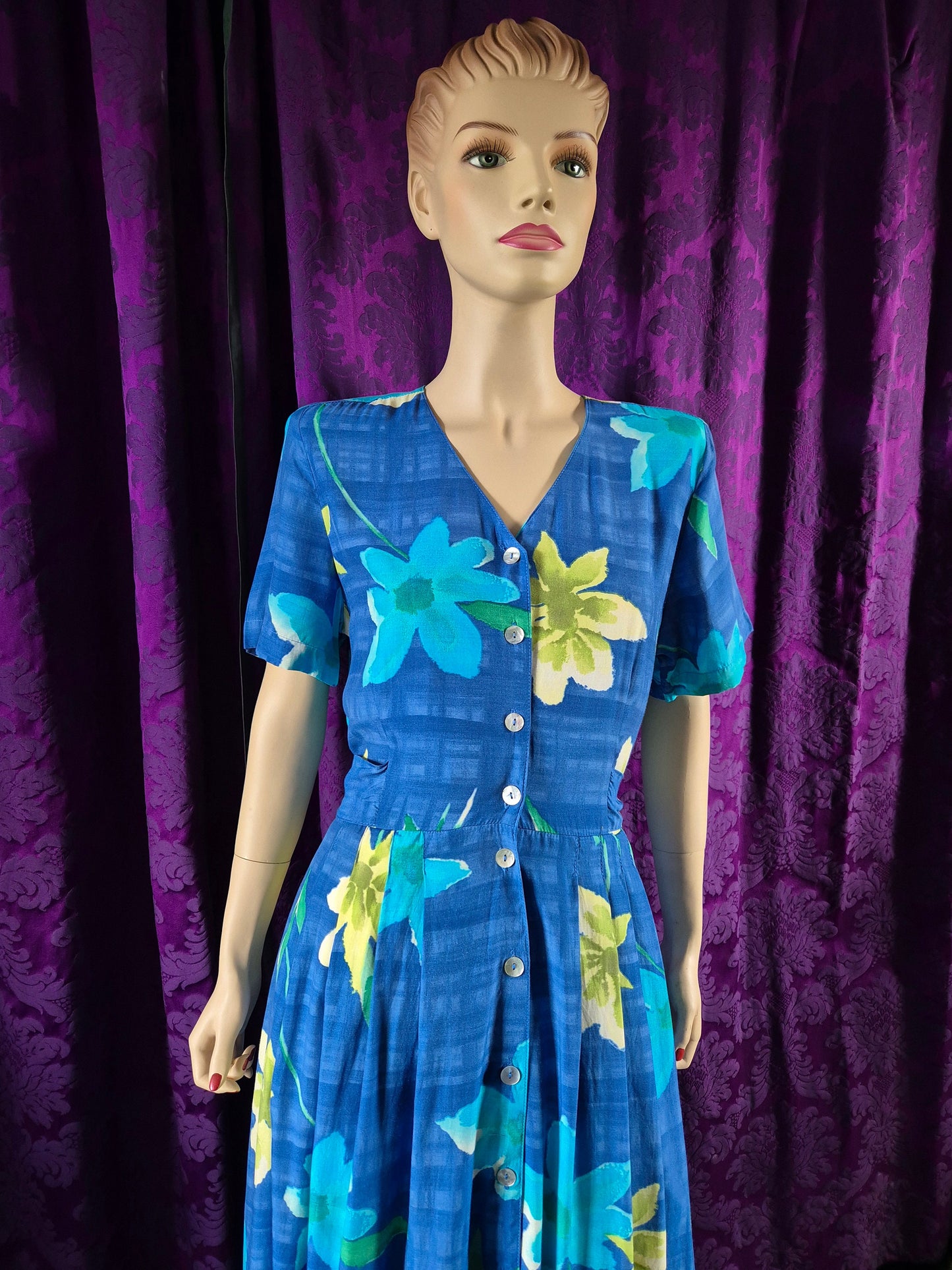 Vintage 90s Blue Daisies Rayon Midi Dress by C&A