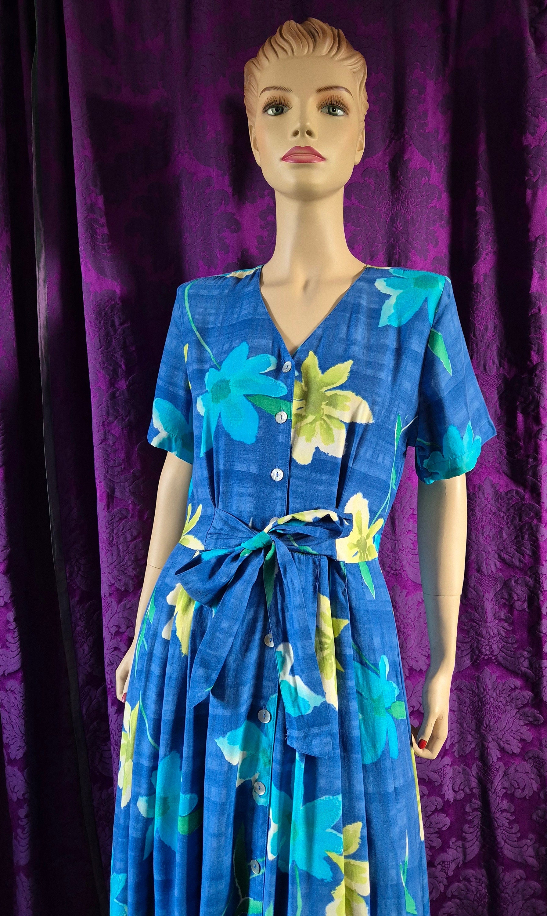 Vintage 90s Blue Daisies Rayon Midi Dress by C&A