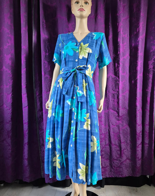 Vintage 90s Blue Daisies Rayon Midi Dress by C&A