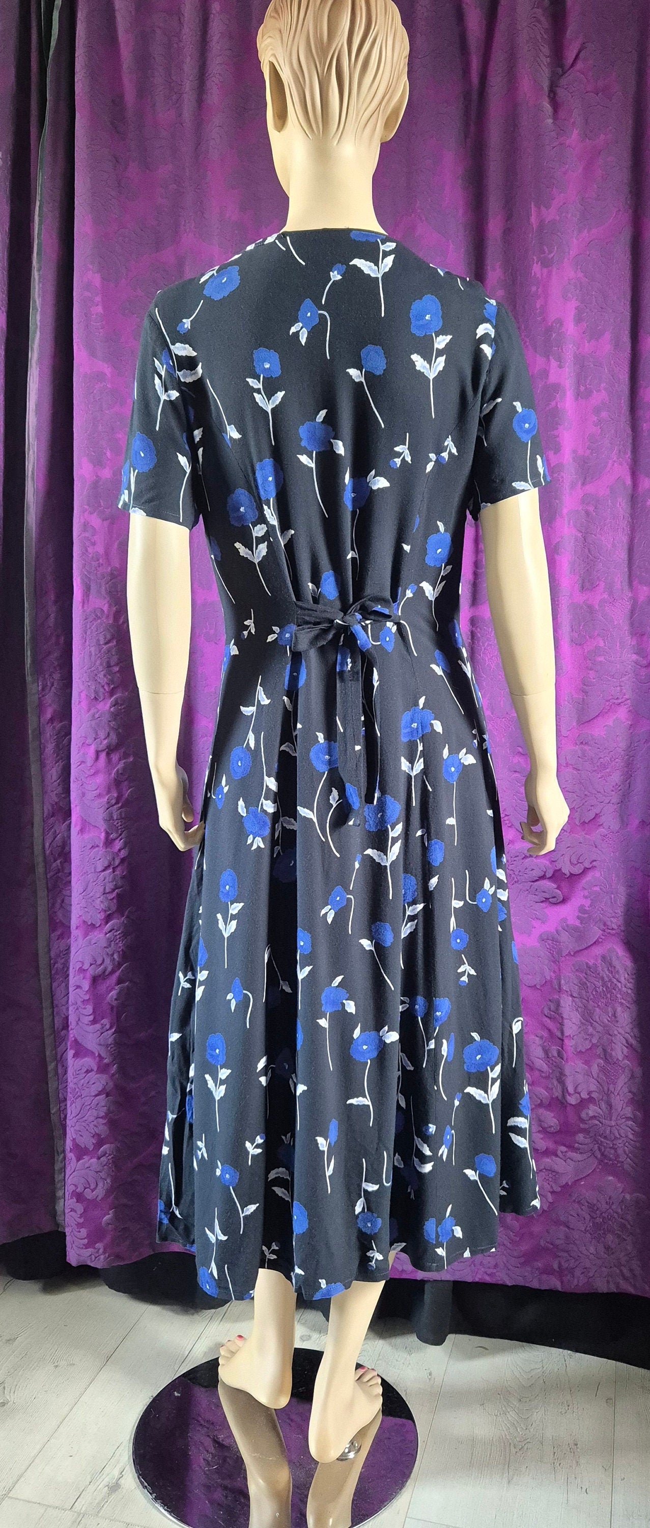 Vintage 90s Blue and Black Floral Goth Tea Dress